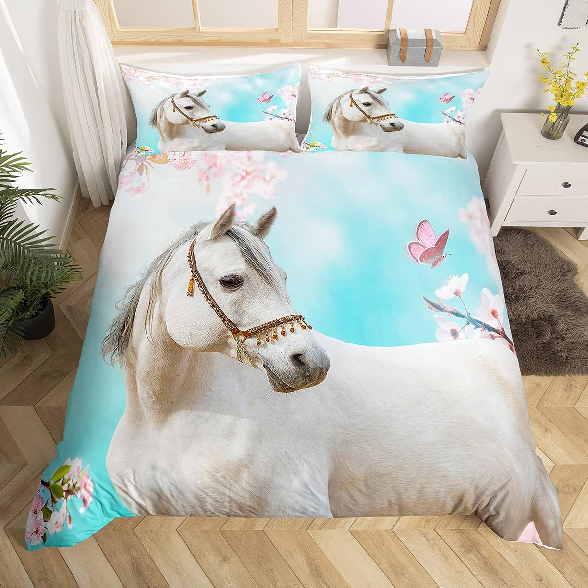 White Horse Print Duvet Cover Set Wild Animal Themed Bedding Set Butterfly Flower Print Bedding Set 135 X 200 Cm for Children Boys Girls Microfibre Nature Themed Room Decoration image number 4