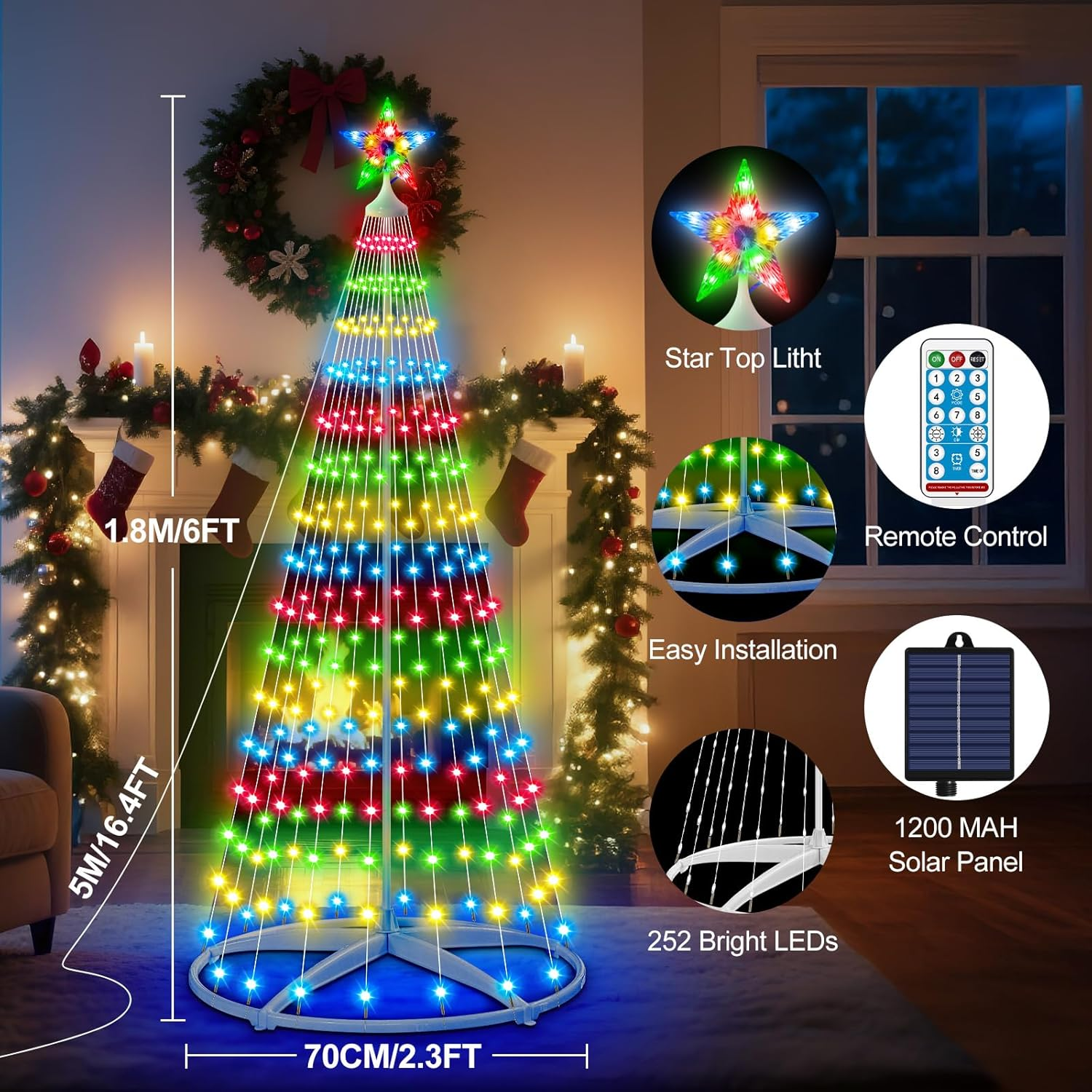 HELESIN 1.8M 252 LED Christmas Tree String Light, Christmas Lights Indoor Outdoor with 8 Flash Modes for Porch Yard Patio Outdoor Xmas Holiday Xmas Decor image number 5