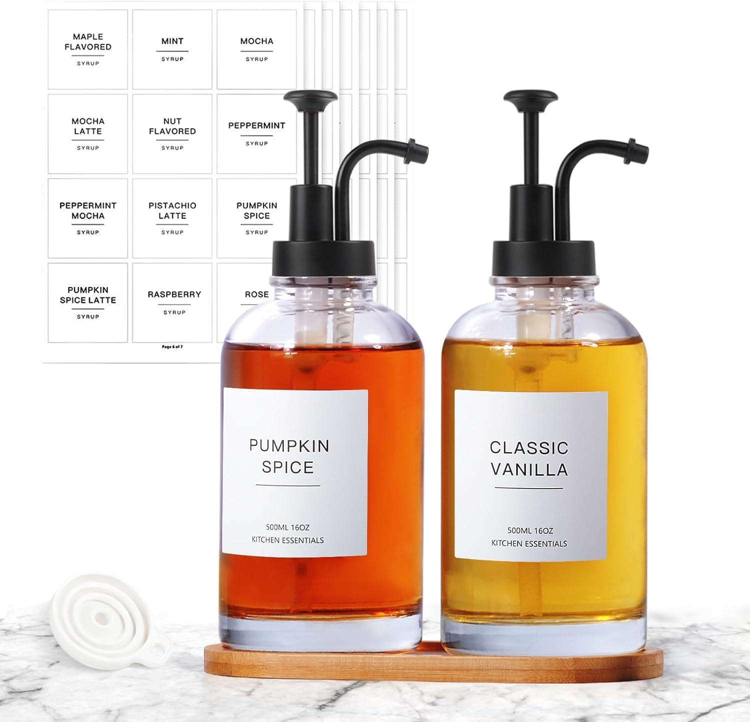 Syrup Dispenser, Coffee Syrup Dispenser for Coffee Bar, Simple Glass Syrup Bottle and Bamboo Tray, Syrup Pump Dispenser 16.9 Oz 500 Ml, Set of 2, Gold, Coffee Bar Accessory