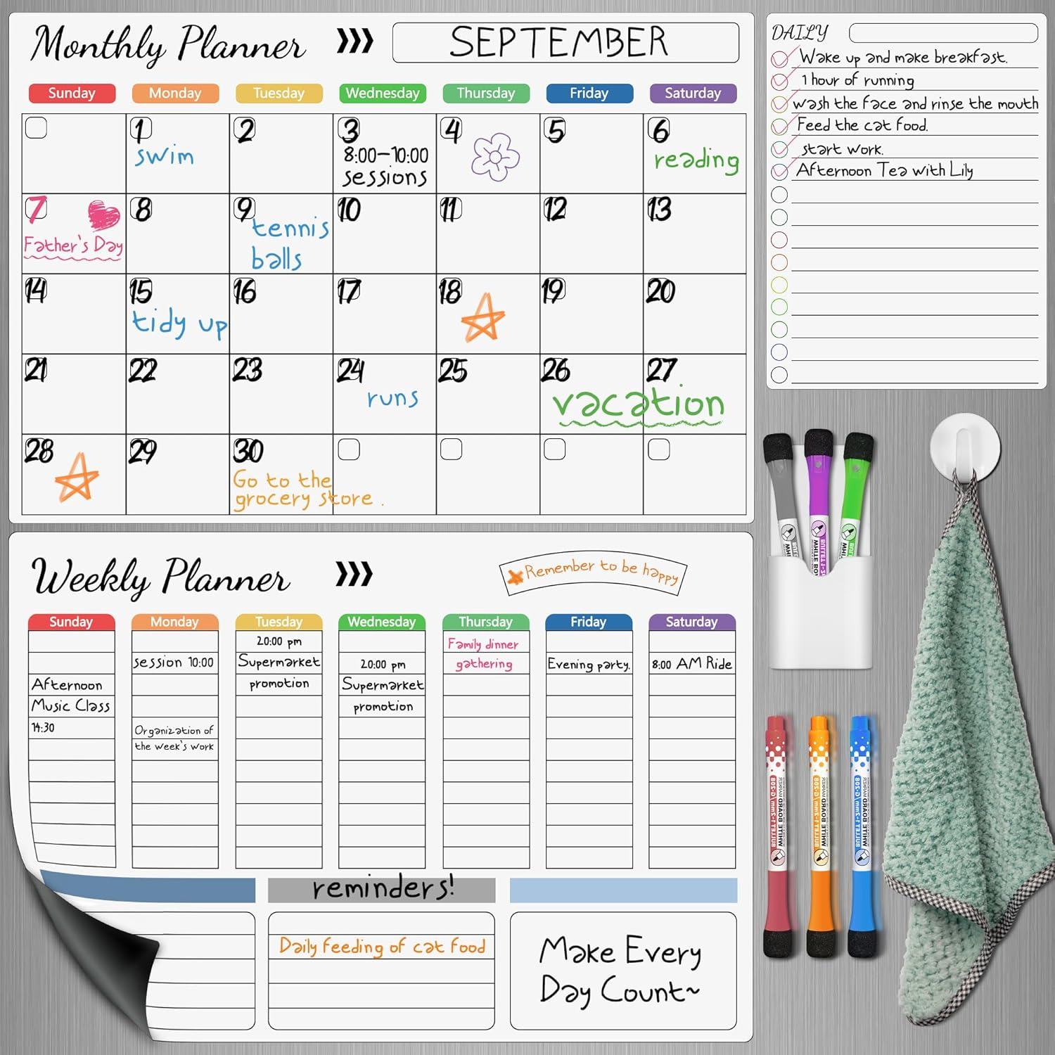 3Pack Dry Erase Magnetic Calendar for Refrigerator 16.5"X11.8"-Monthly,Weekly,Daily Planning Board,With 6 Markers,Pen Holder and Towel for Family Schedules, Menus, Shopping, To-Do Lists image number 2