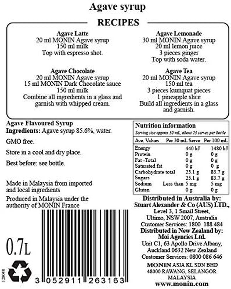 Monin Agave Syrup, Sweet and Full Flavor, Great for Any Beverage, Gluten-Free, Vegan, Non-Gmo, 700 Ml, Agave image number 6