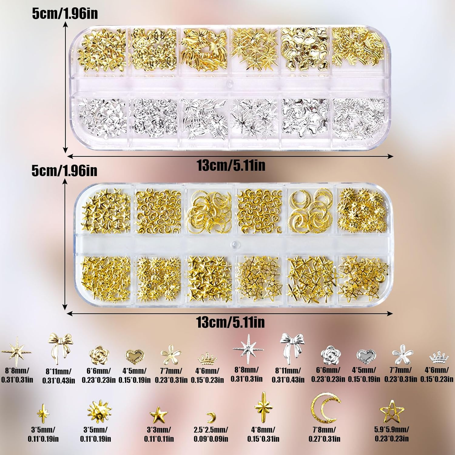 Gold Silver Nail Charms, 2 Boxes 24 Grid Star Heart Flowers Bows Nails Charm Nail Studs, Punk Metal Alloy Nail Gemstone Bow Knot Moon Decoration Accessories for Nail Design DIY Crafts