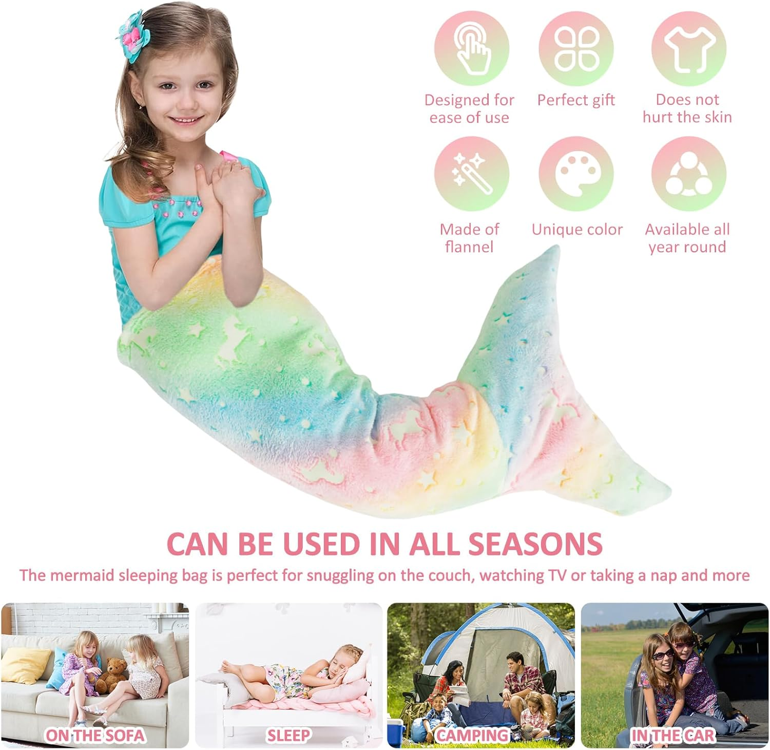 Kids Mermaid Tail Blanket, Soft Luminous Mermaid Blanket Flannel Girls Mermaid Toys Colorful Snuggle Blanket Soft Sofa Blanket Mermaid Sleeping Bag with Double Stitching (Style 1) image number 3