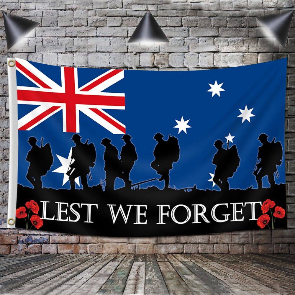 Australian Lest We Forget Flag 3X5FT Australia Anzac Day Flag 2 Grommet Decor Outdoor Flags for Memorial Day (Blue)