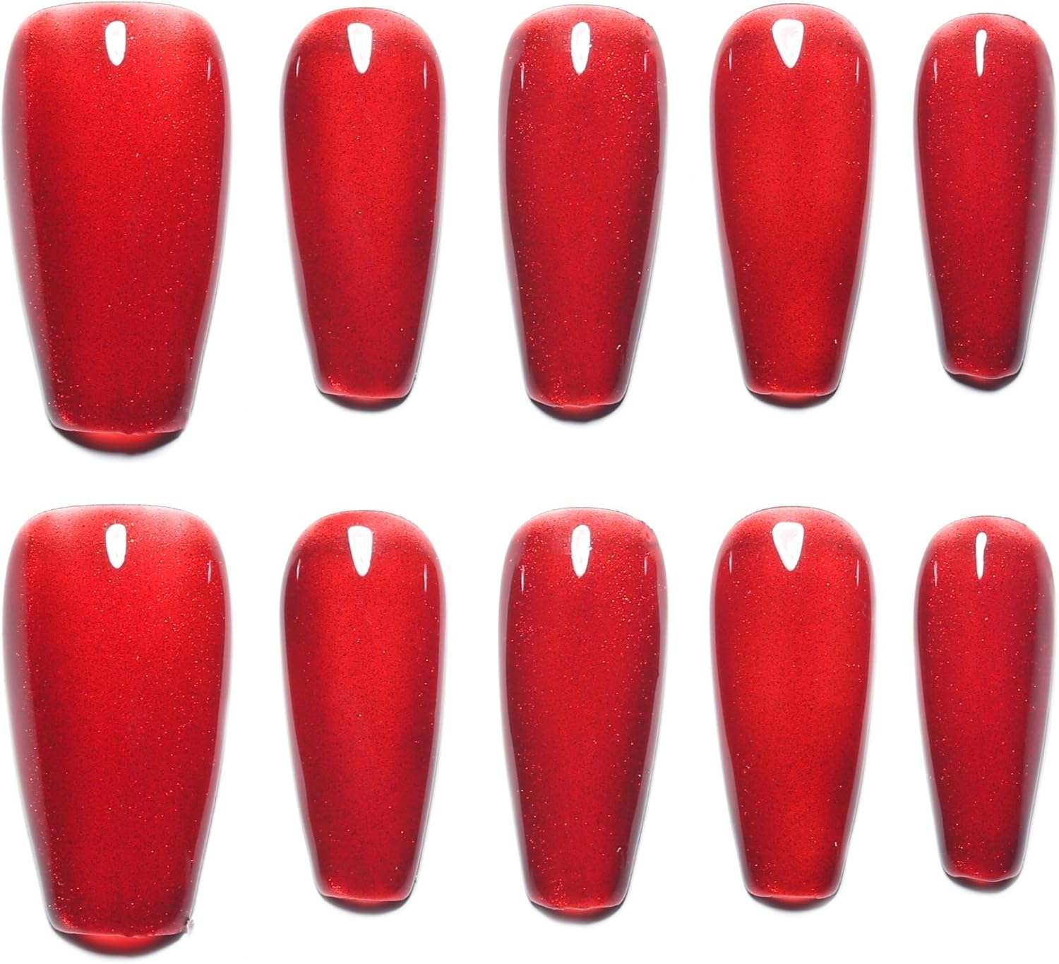 Sun&Beam Nails Handmade Press-On Medium Long Coffin Red Ruby Magnet False Nail Tips Hand-Drawn Design Fashionable 10 Pcs Set (#164 XS)