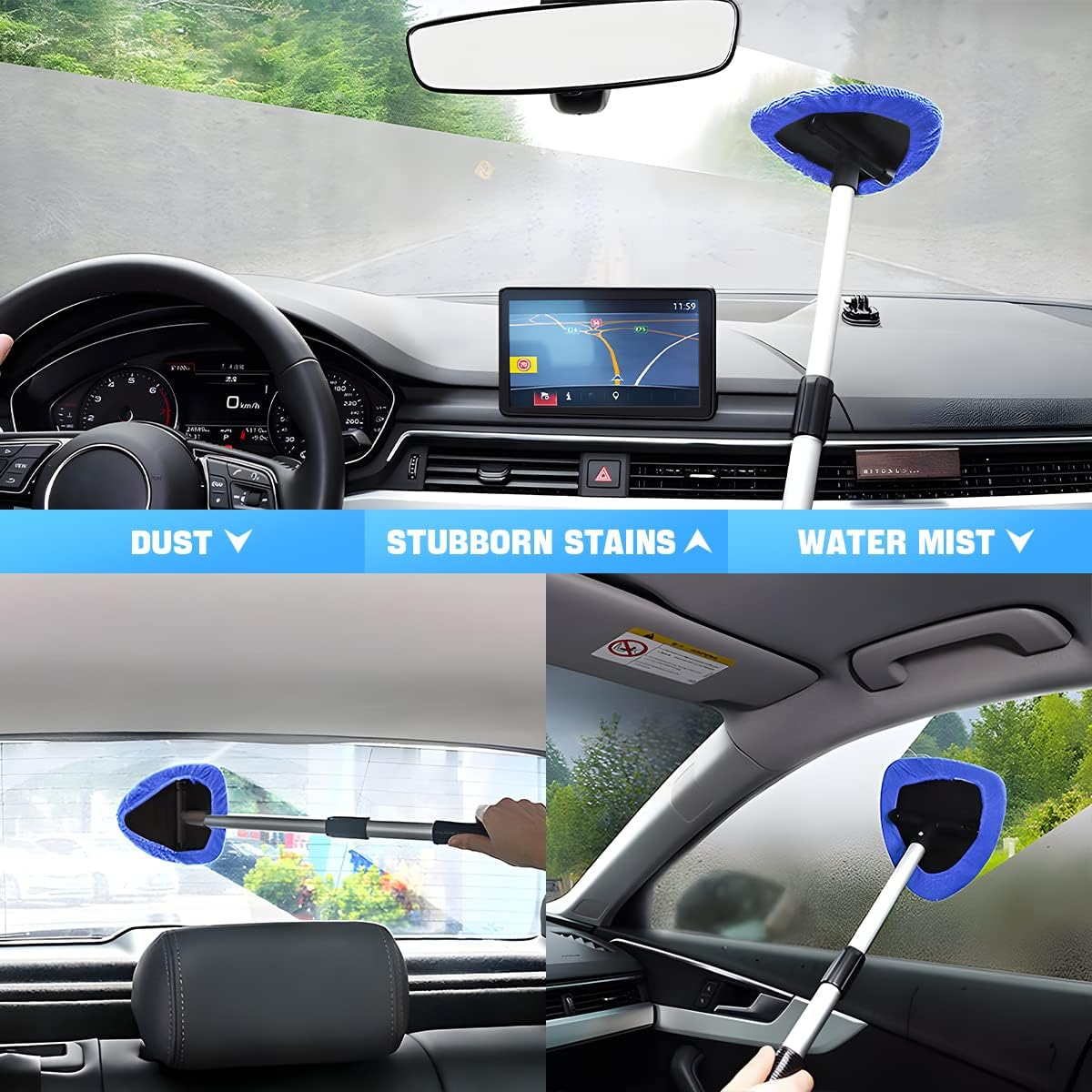 Windshield Cleaning Tool, Car Window Cleaner with Extendable Long Handle and 4 Washable Reusable Microfiber Pads, Auto Interior Exterior Glass Wiper Cleaning Kit Universal for Office and Home (Blue) image number 2