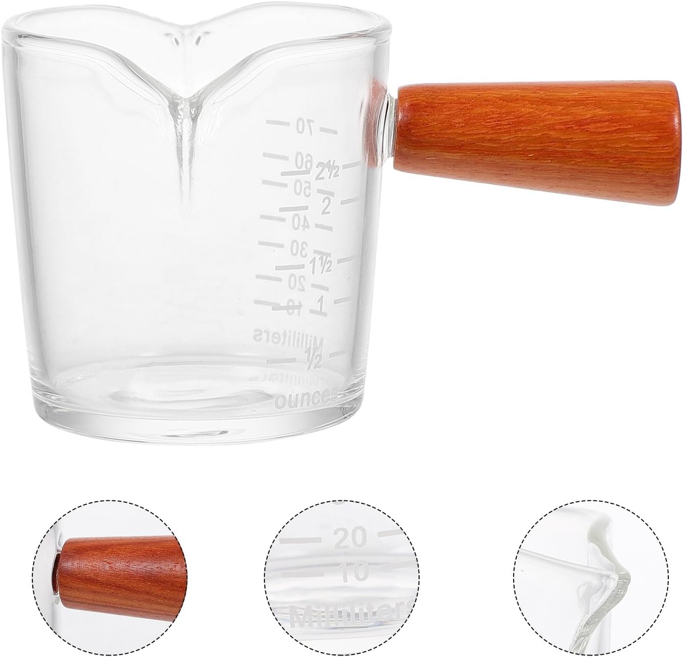 TEMPNAP Transparent Glass Coffee Measuring Cup with Wooden Handle Double Spout Milk Pitcher with Scale for Home Coffee Shops and Parties Easy-Clean Thick-Bottom Espresso Jug image number 1