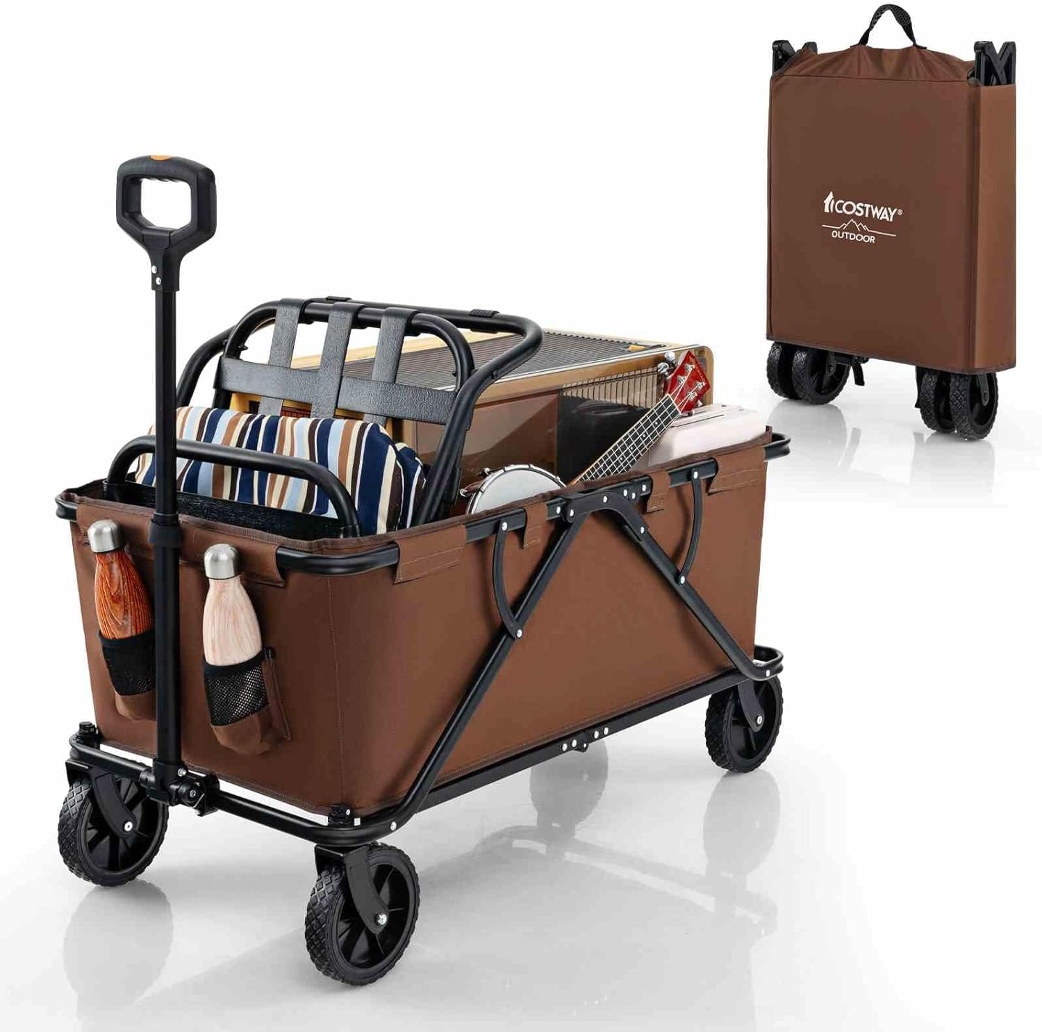 Costway Heavy-Duty Wagon Cart, Collapsible Folding Wagon W/Adjustable Handlebar, Bottle Holders & Storage Pocket, Patio Folding Utility Cart for Camping, Beach, Garden, Sports (Coffee)