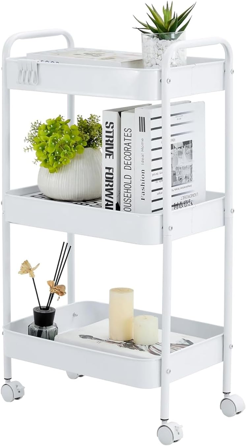 3 Tier Metal Rolling Storage Cart with Lockable Wheels Bathroom Cart Organizer Laundry Room Organizer Utility Cart Mobile Shelving Unit Multi-Functional Shelves for Office, Kitchen, Bathroom, White