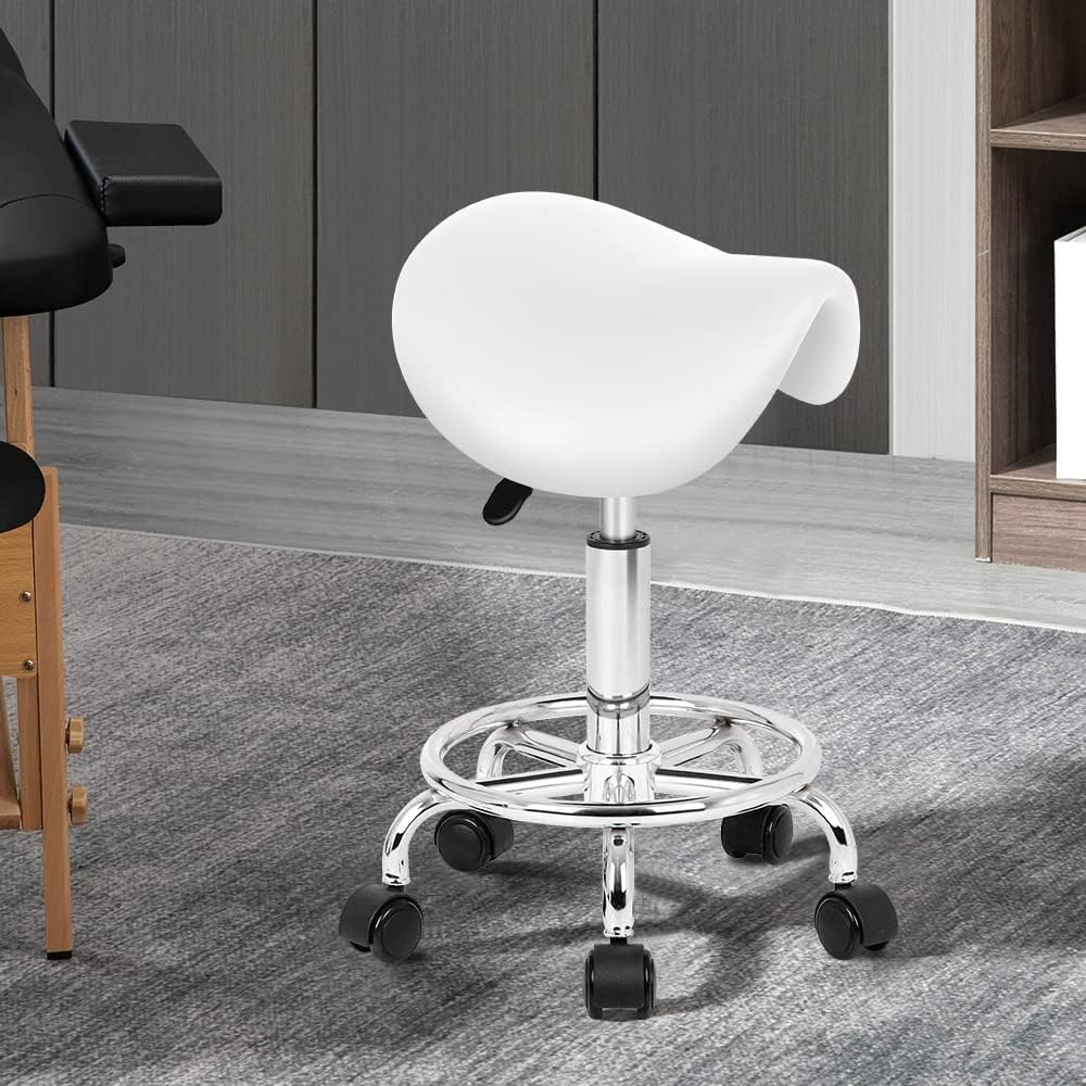ALFORDSON Salon Stool Sierra Saddle Swivel Drafting Rolling Stools in 50-64.5Cm Height Adjustable PU Leather Spa Stool with Footrest Wheels Backless Hair Dress Barber Chair for SPA Massage White