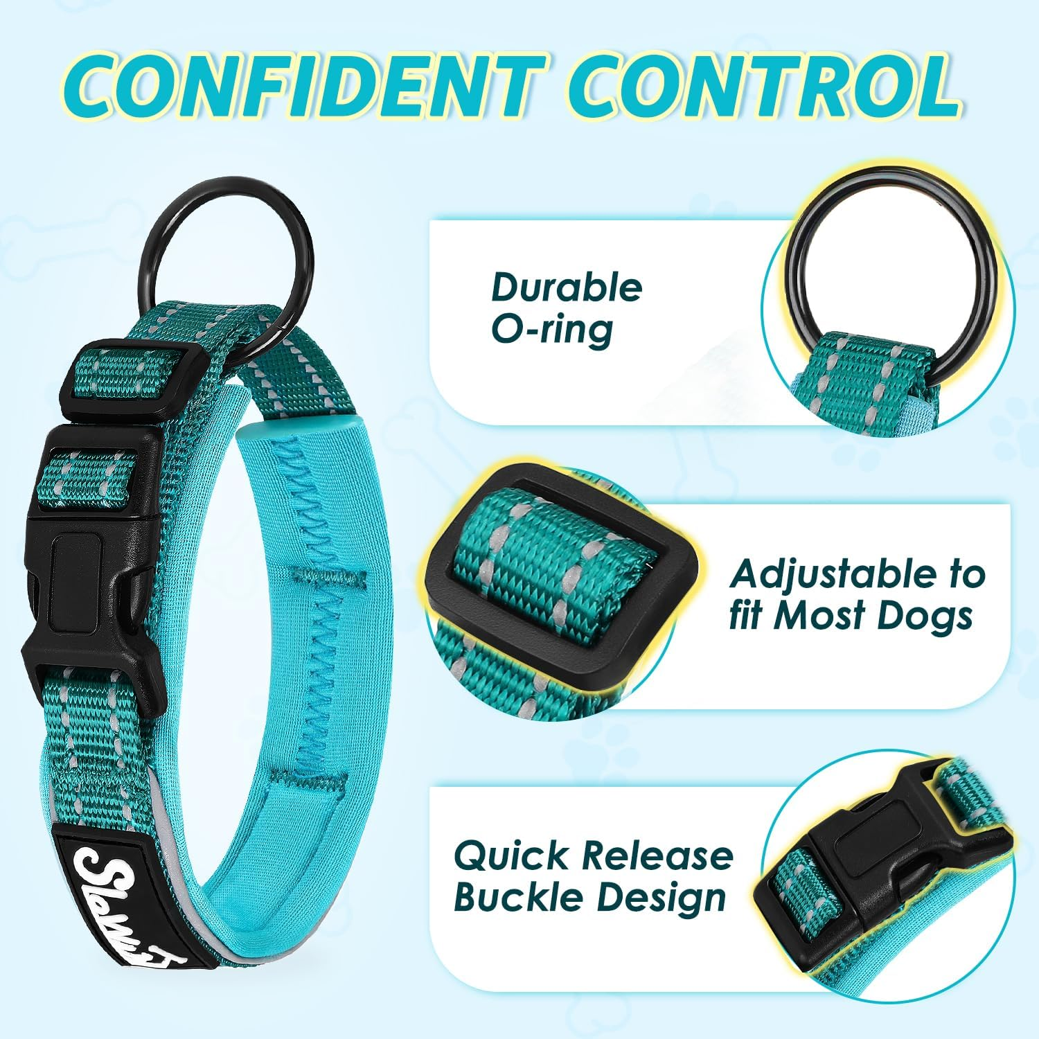 Slowton Reflective Dog Collar with Safety Buckle, Adjustable Reflective Neoprene Padded Collars Breathable Nylon Pet Collar for Dogs Puppy image number 5