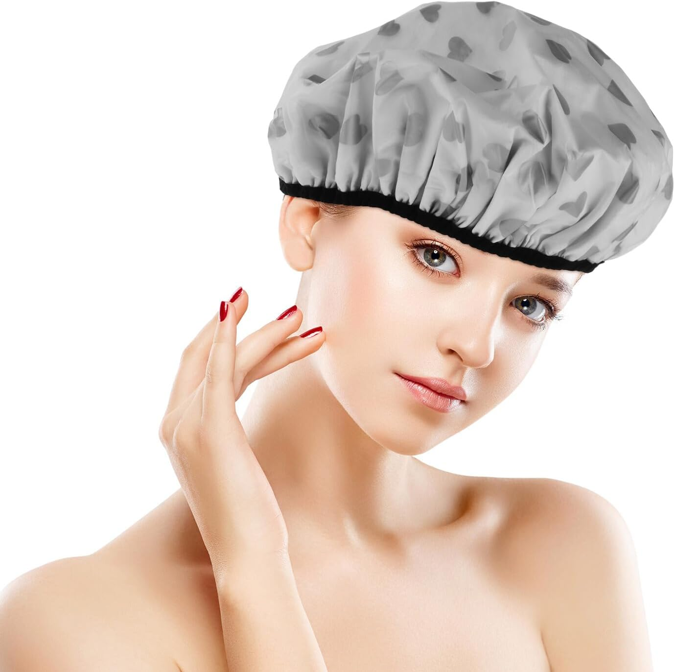 TEMPNAP 2Pcs Reusable Double Tin Foil Hair Cap for Deep Conditioning and Oil Treatment Anti-Static Shower Hat for Long Hair Elastic Stylish Design for Home and Salon Use Gray Heart image number 6