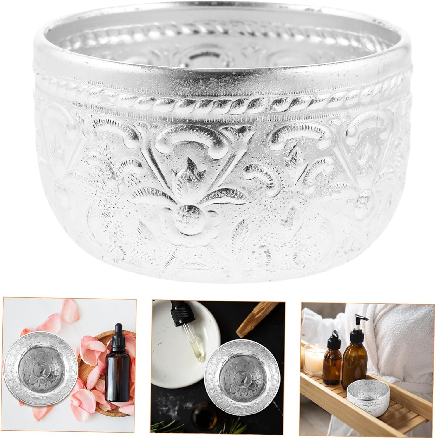 3Pcs Thai Traditional Carved Tin Bowl for Buddhist Offering Essential Oil Mixing image number 2