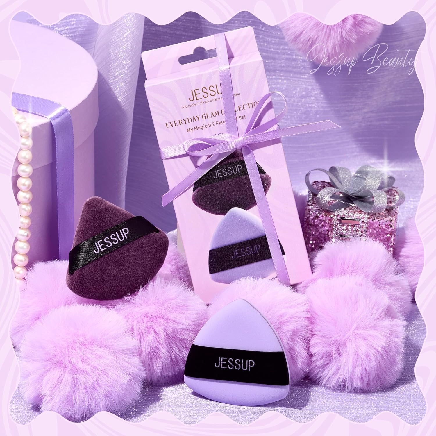 Jessup Powder Puff, 2Pcs Triangle Powder Puff Soft for Foundation Setting and Baking, Reusable, Washable, Purple SP018
