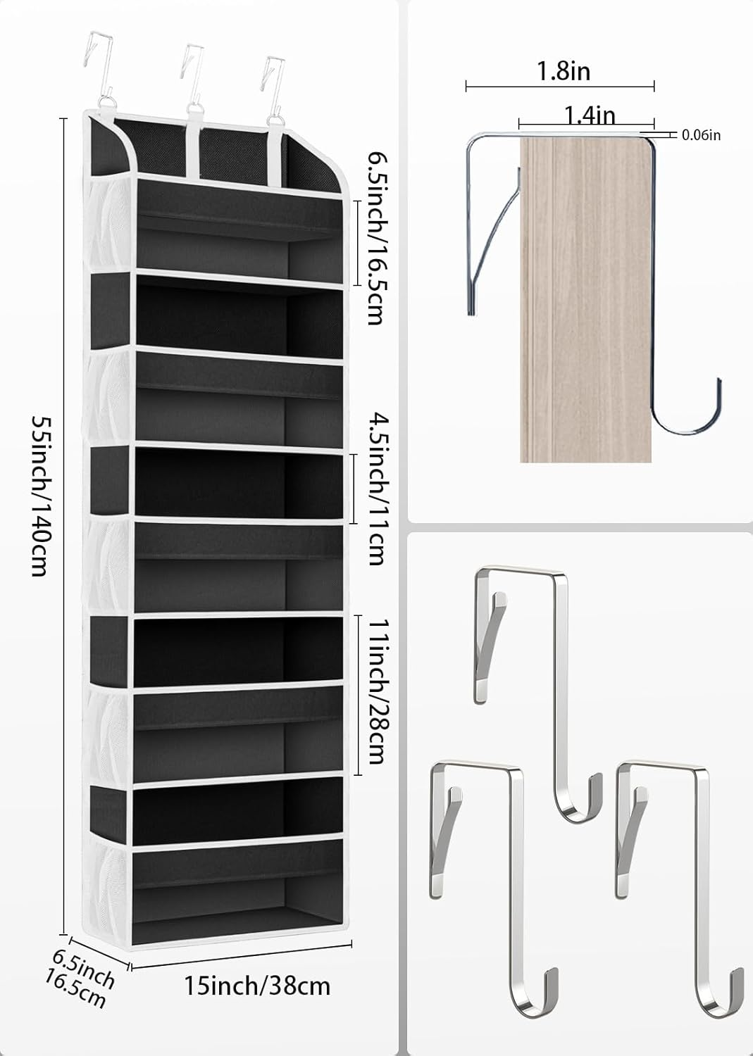 TAHAVICE 1 Pack over the Door Storage Organiser with 5 Pockets 10 Mesh Side Pockets, 44 Lbs Weight Capacity Door Hanging Organisers and Storage for Bedroom,Bathroom,Nursery,Dorm (D Black, 1 Pack) image number 3
