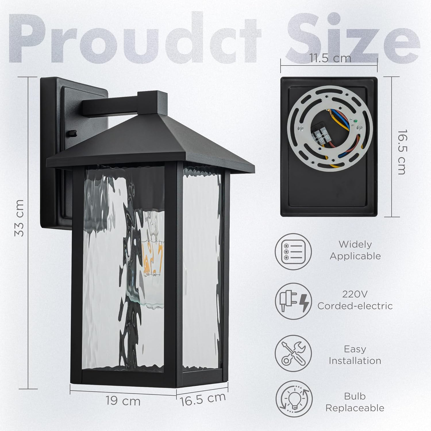 FTL Outdoor Wall Light Fixture, E27 Exterior Wall Light, Modern outside Porch Light with Water-Rippled Glass, IP44 Waterproof Outdoor Wall Sconce Lamp for Garden, House, Garage, Matte Black image number 6