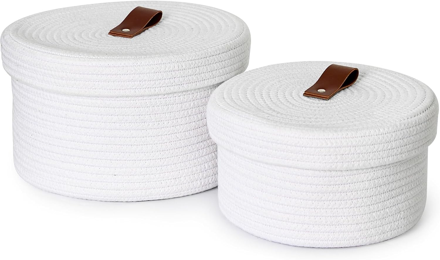 HONCESTA Small Basket with Lid, Set of 2 Cotton Rope Storage Basket with Lid, Decorative Woven Storage Bin with Cover, Lidded round Baskets for Organizing, Cute Toy Box, Shelf Basket for Decor, White image number 3