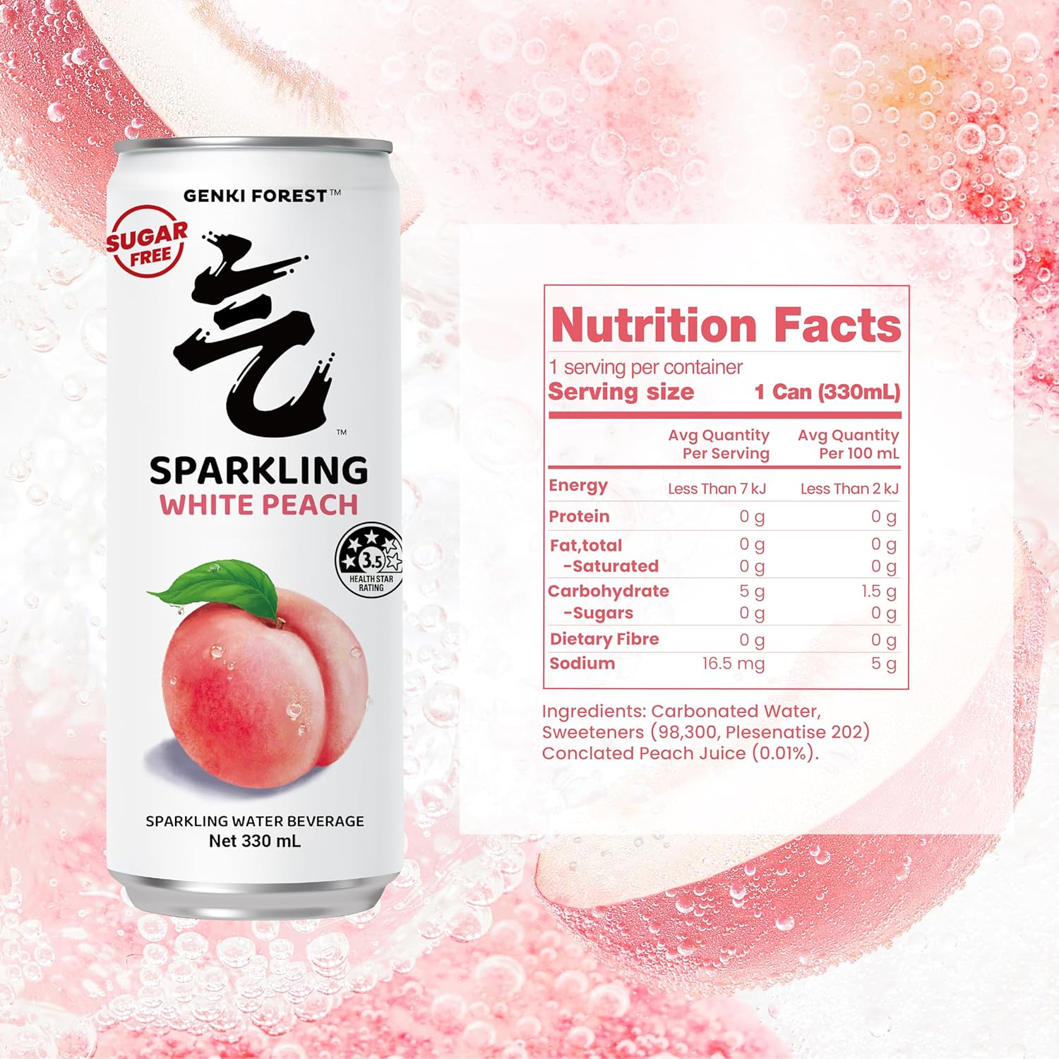 GENKI FOREST White Peach Sparkling Water Beverage, Zero Sugar Drinks, 330Ml X 24 CANS image number 4