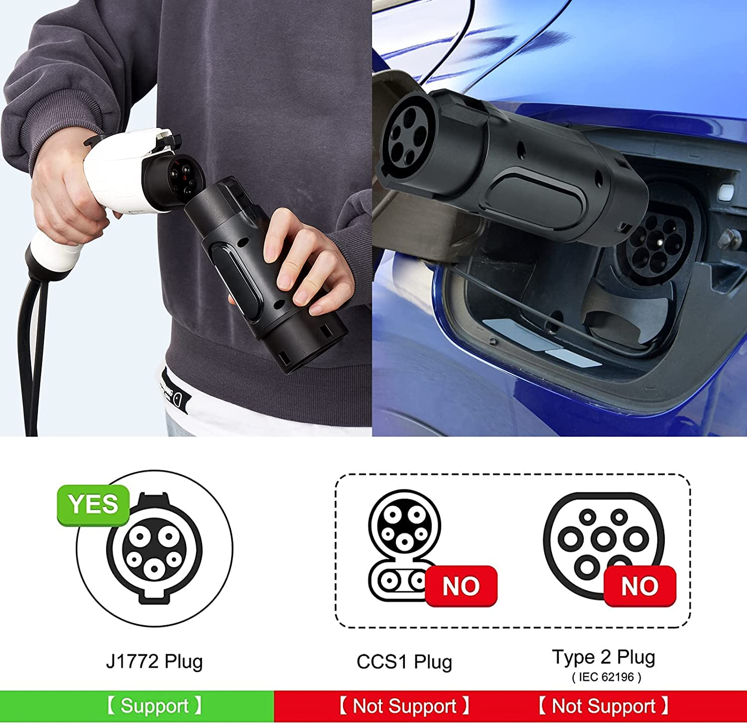 Type 1 to Type 2 Ev Charging Cable Car Charger Adapter - 32A 7.2 Kw Type 1 to Type 2 Adapter Charger Adapter - 1-Phase Black Connector with Dust Bag, Protective Case image number 3