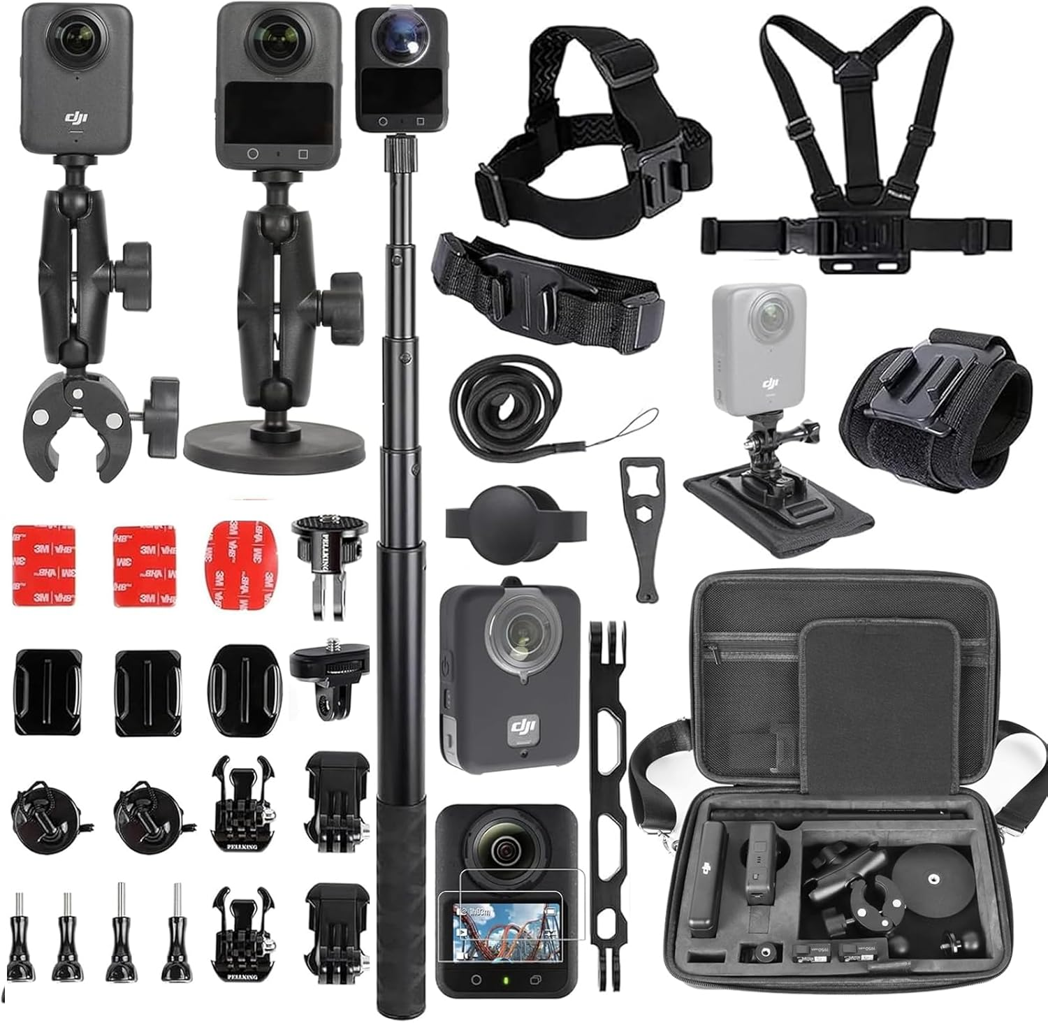 Pellking Accessories Kit for DJI Osmo 360,Included Carrying Case with Belt,2 Pcs Metal 1/4" Adapter,Handlebar Clamp,Magnetic Mount,43In Selfie Stick,Chest Strap,Head Strap,Backpack Mount,And Others image number 4