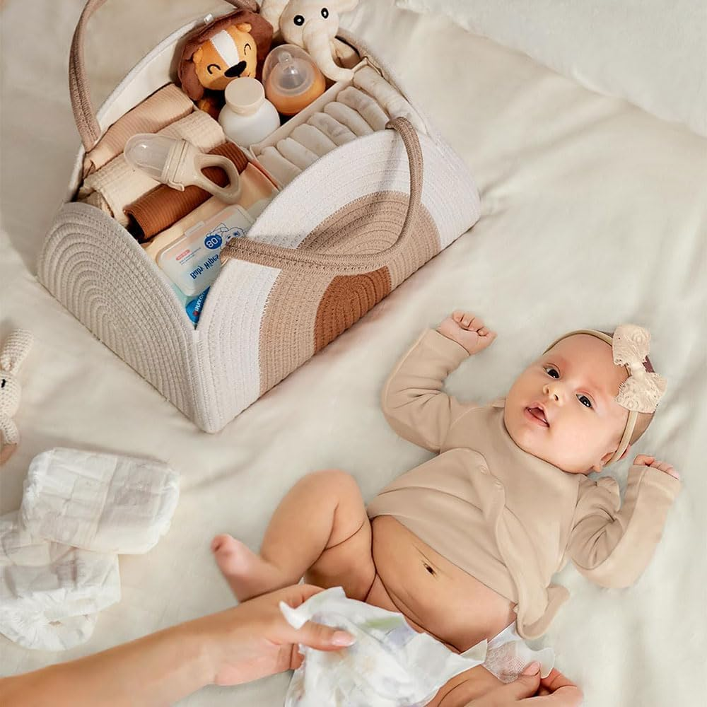 Cotton Rope Diaper Caddy Organizer, Portable Baby Nappy Storage Basket with Handle, Boho Nursery Tote for Changing Table, Travel, Car &ndash; Newborn Essentials Bag image number 6