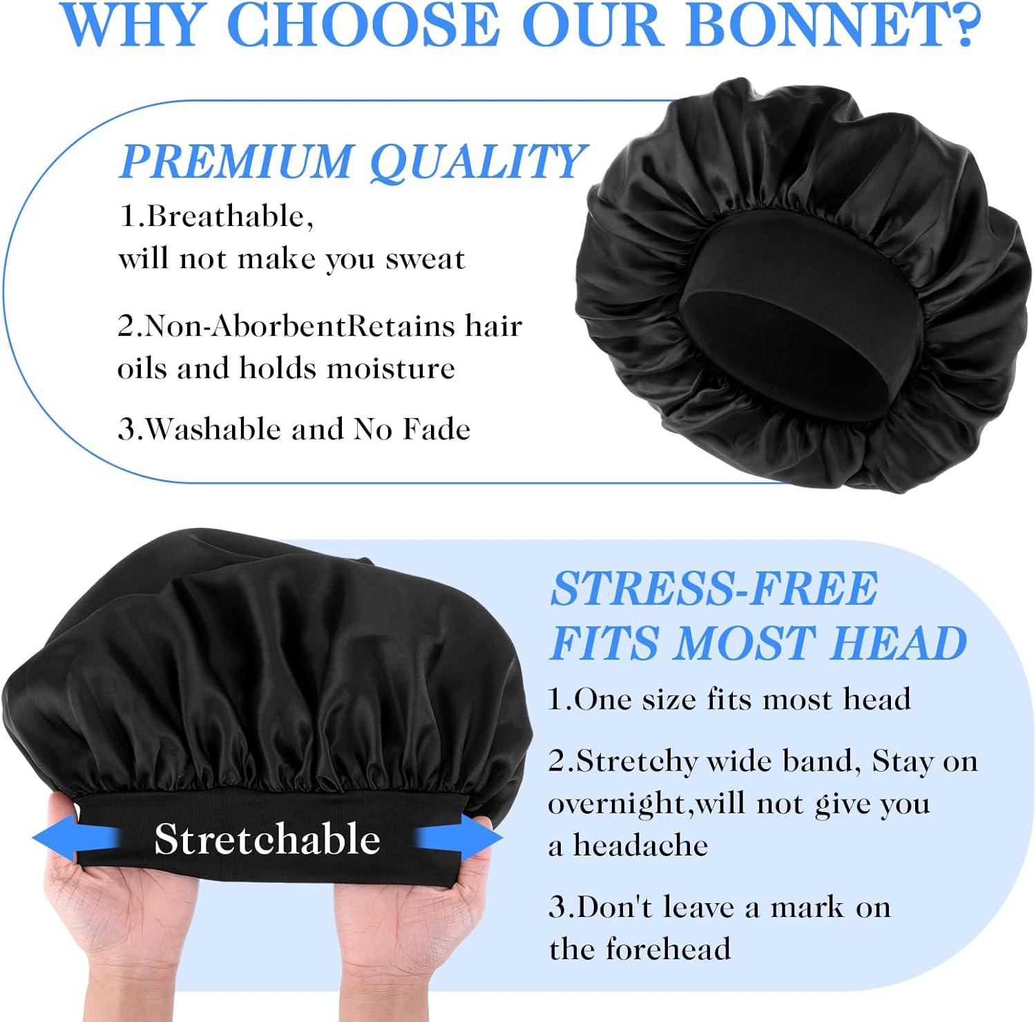 Bonnet for Men, Silk Satin Sleep Cap Single Layer Elastic Band Stretchy Tie Band Wide Soft Adjustable Hair Cap Large Silk Bonnets for Women Curly Hair Sleeping Black, Black, 3 - Dark Purple image number 4