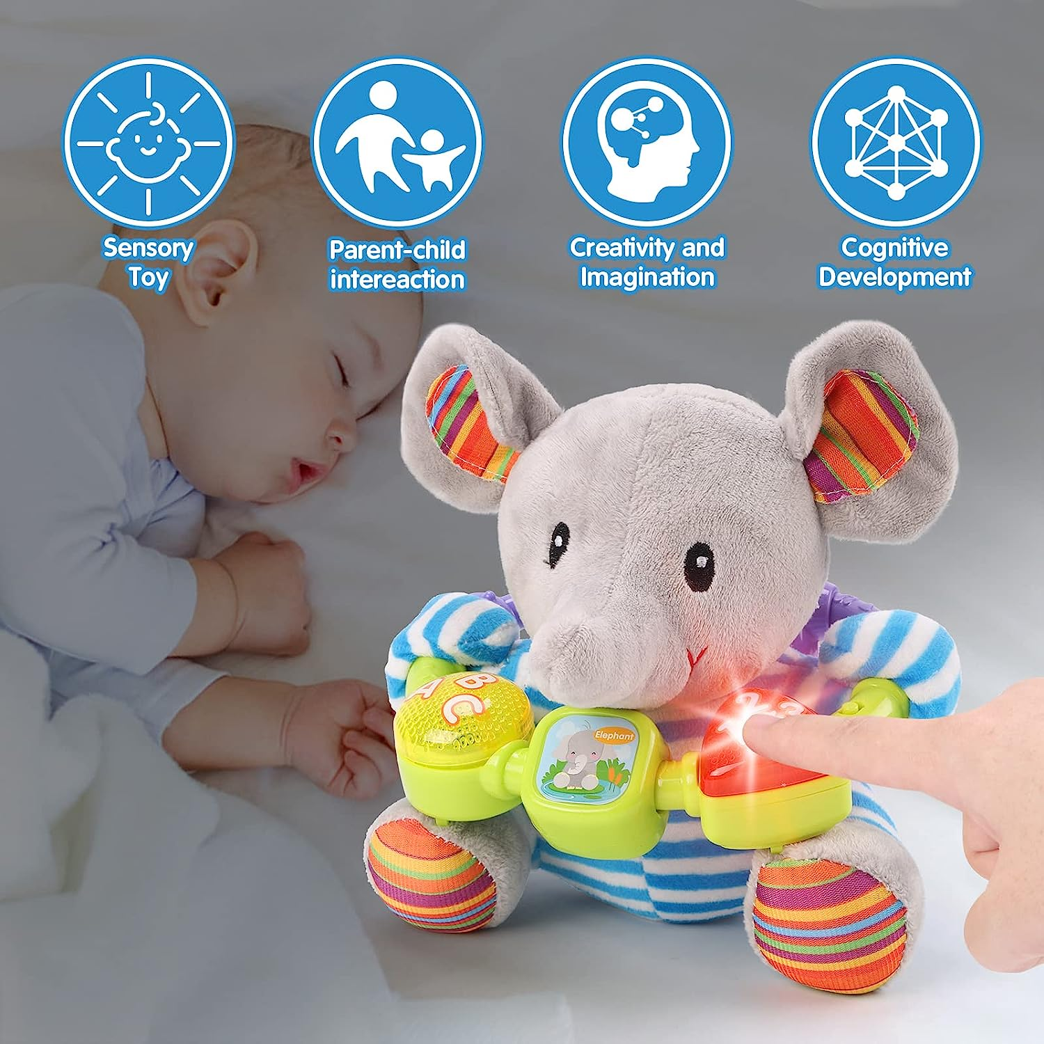 Qizebaby Toys for Babies 0 3 6 9 12 Months-Plush Elephant Music Toddler Toy- Newborn Musical Toys for Baby 6 to 12 Months-Montessori Stuffed Animal for Kids- Baby Toys Gifts for Boys Girls Toddlers image number 6