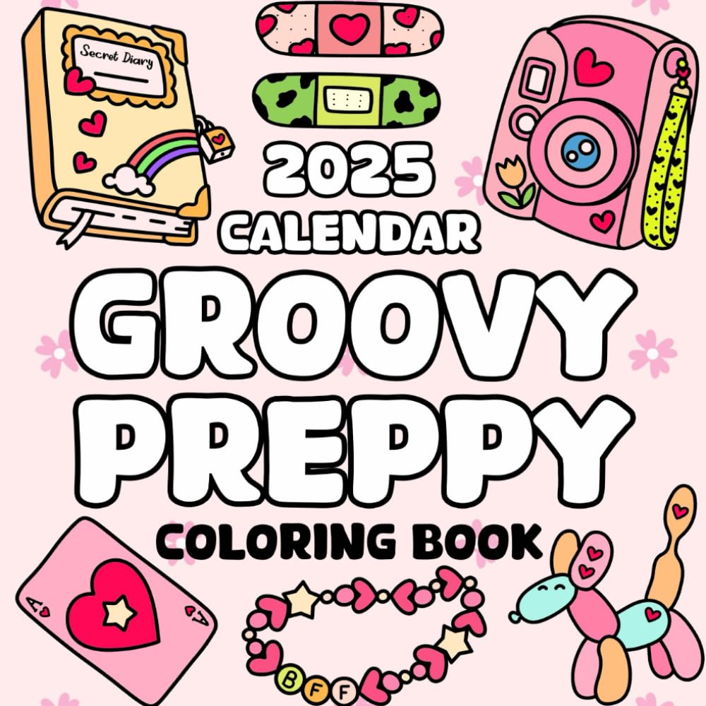 Groovy Preppy 2025 Calendar Coloring Book: 12 Months of Y2K Vibes Coloring Pages for Relaxation and Creativity image number 1
