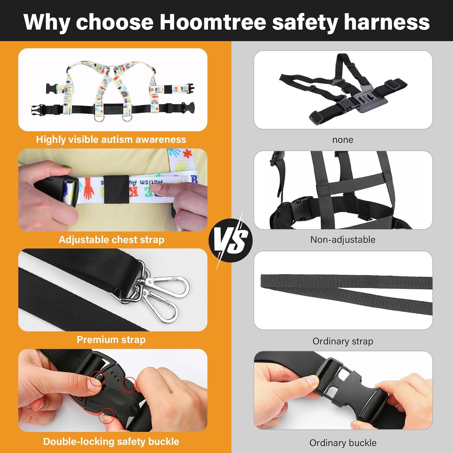 HOOMTREE Safety Walking Harness and Leash for Autism & Special Needs Kids Ages 3-6 with Easy-Adjust Tether + Emergency Grab Handle for Wandering Prevention & Calm Outdoor Adventures