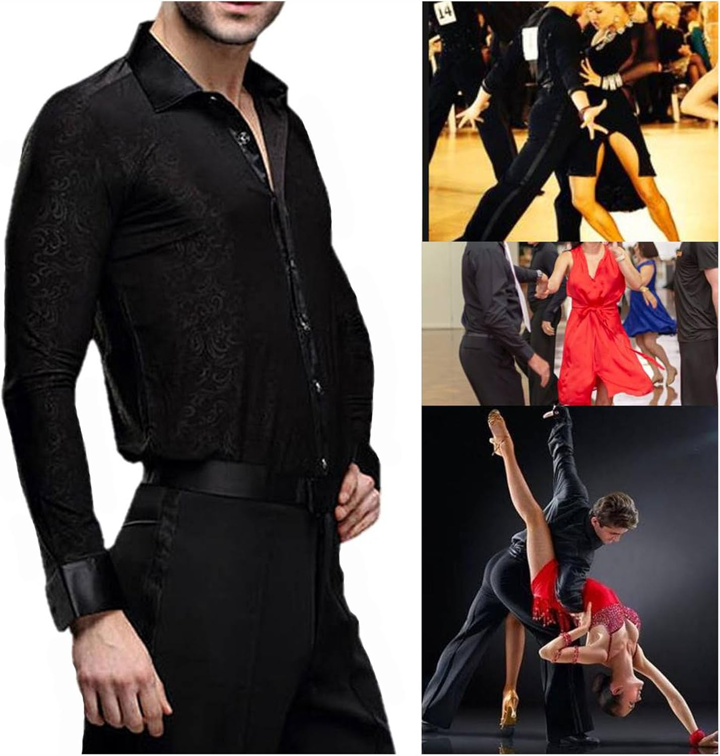 Men Professional Black Noble Dark Stripe Long Sleeves Latin Salsa Samba Chacha Modern Dance Shirts image number 1