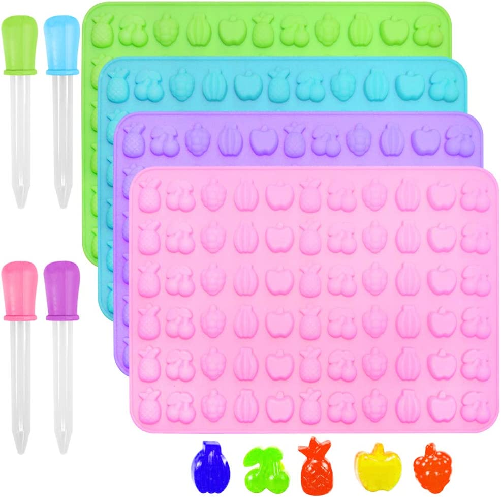 Silicone Candy Molds，Afunta 4 Pcs 66-Cavity Non-Stick Mini Fruit Silicone Gummy Mold with 4 Pcs Dropper for DIY Gummy, Ice, Jelly, Chocolate, Candy - Green,Blue,Pink,Purple image number 6