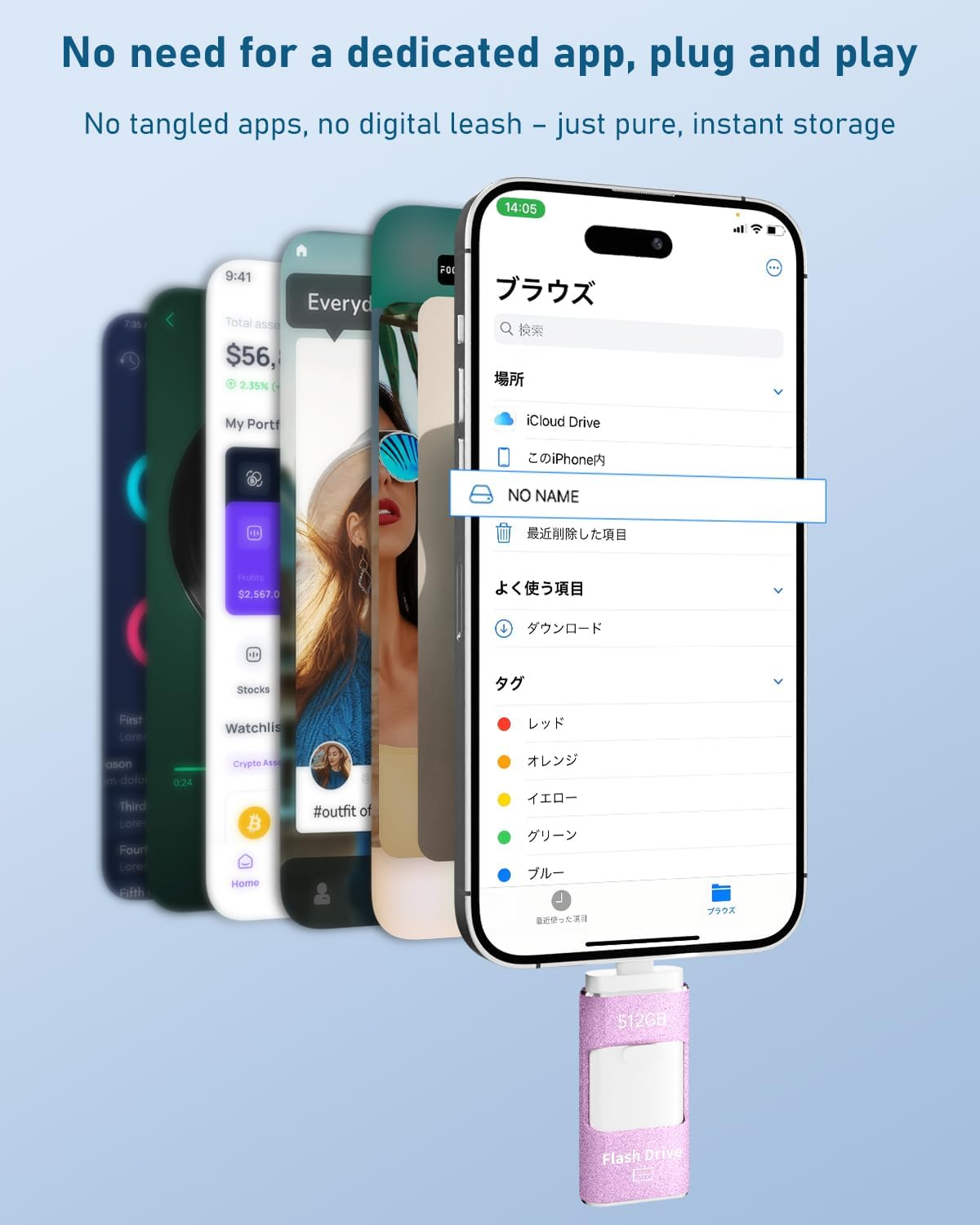 512GB 4In1 USB Flash Drive for Phone, No App Needed,Photo Stick, USB 3.0 Memory Stick for Data Storage, Compatible with Phone,Pad,Android and PC, Includes USB-C Cable, Adapter & Lanyard (Purple) - Gold image number 3