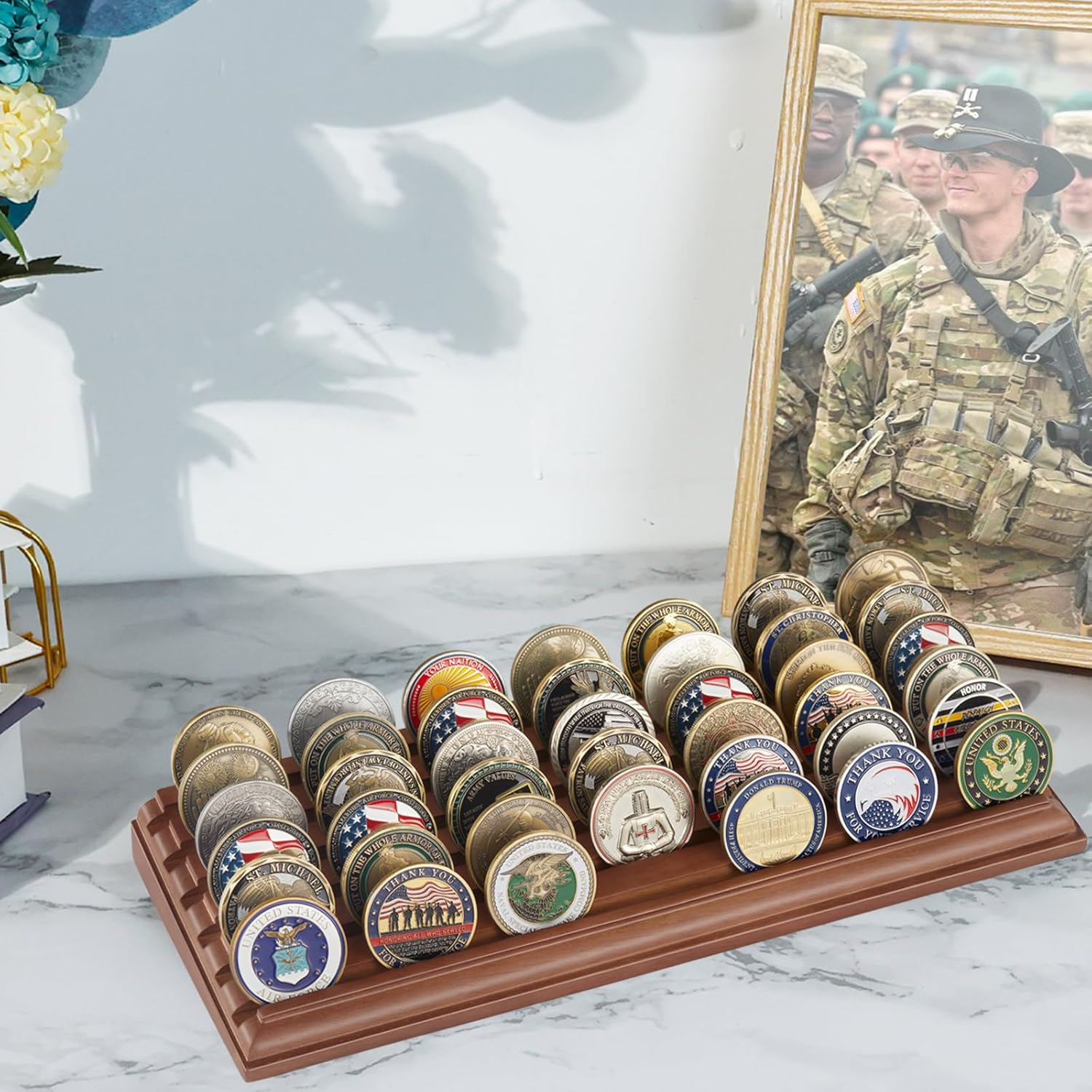 LIUYALO Military Challenge Coins Display Stand - 6 Row (Walnut Wooden Base with Black Felt Background) - White image number 2