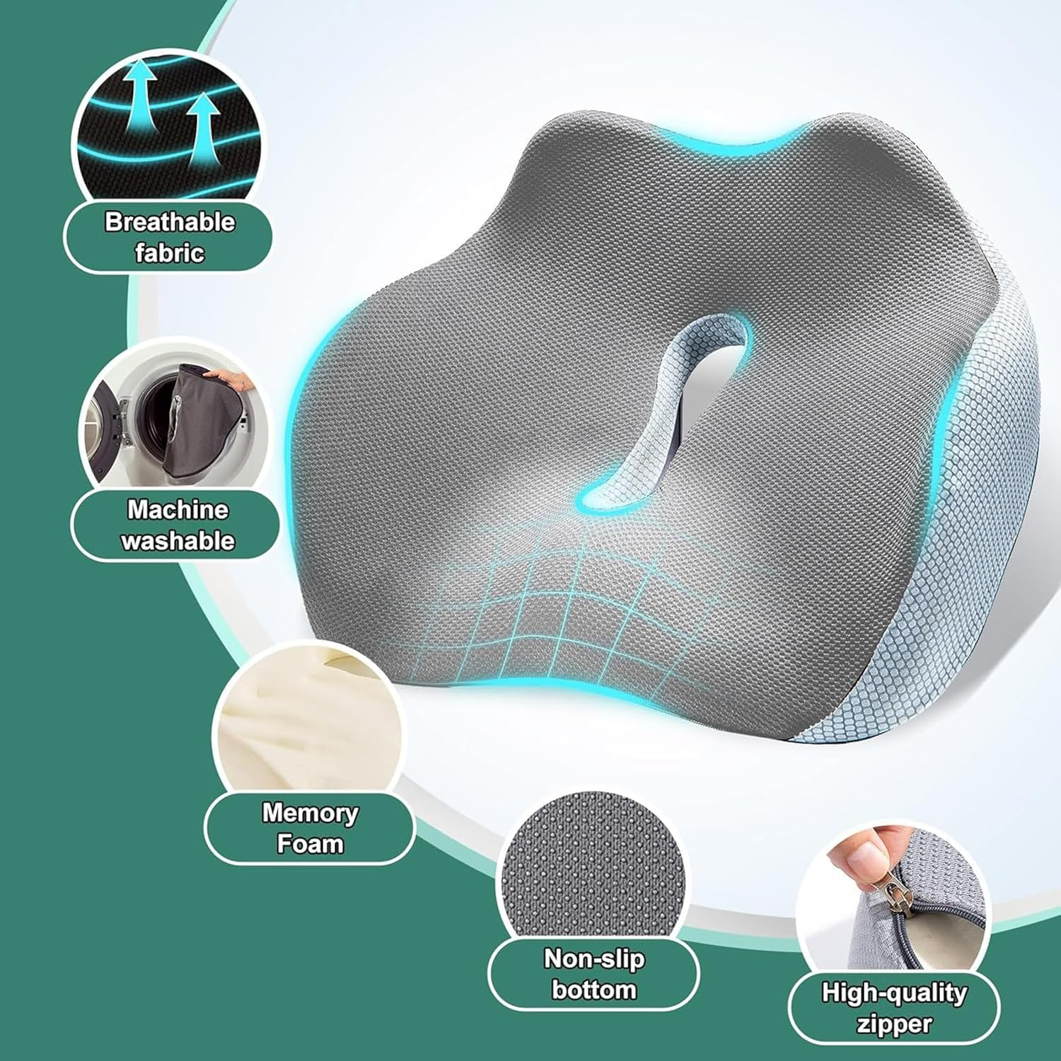 Seat Cushion,Desk Chair Cushion,Memory Foam Seat Cushion,Long Hours Sitting Comfort,With Washable Cover,No-Slip Protects，For Long Sitting, for Office Chair/Gaming Chair and Car Seat image number 6