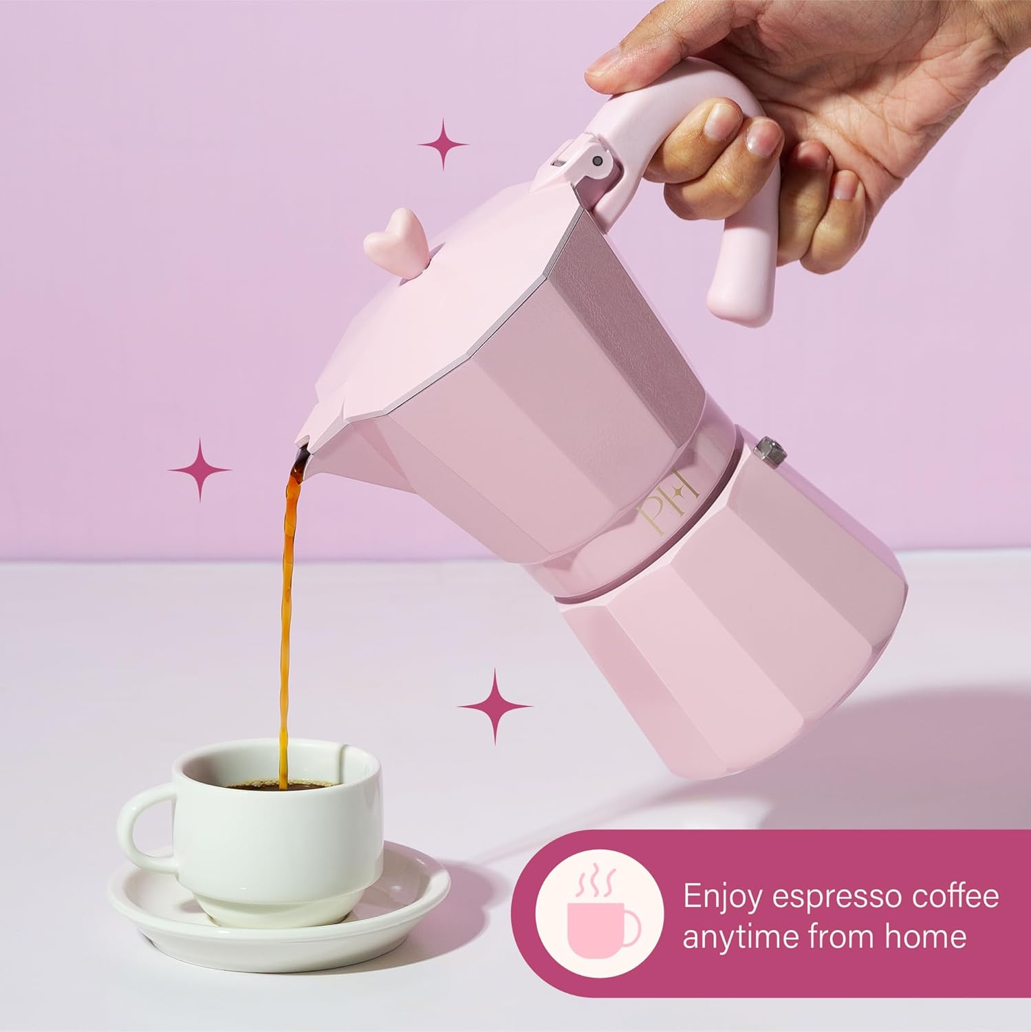Paris Hilton Stovetop Espresso and Coffee Maker, Italian & Cuban Style Coffee Pot with Iconic Heart Knob, Perfect for Rich Aromatic Espresso, Makes up to 6 Espresso Cups, Pink image number 5