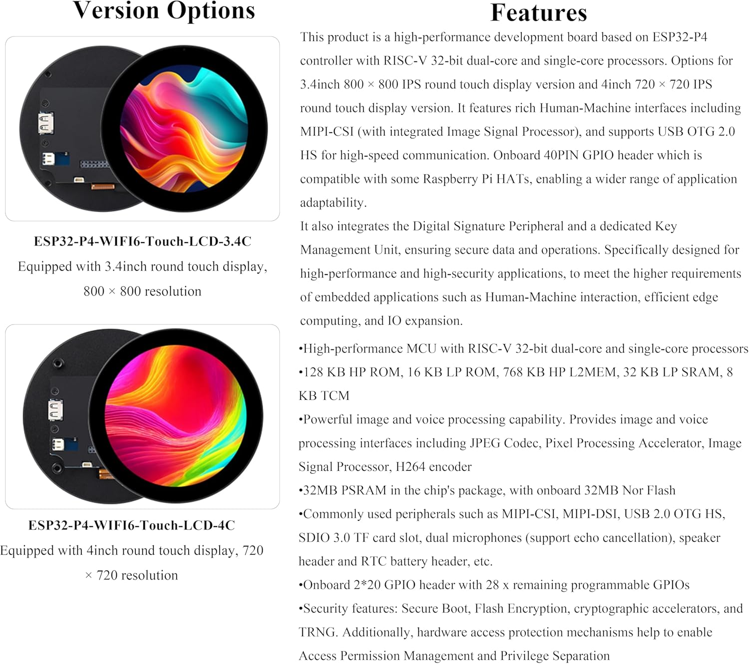 ESP32-P4 3.4 Inch round Touch Display Development Board, IPS LCD, 800X800 Resolution, Support Wfi 6 / BLE 5,Onboard Dual Microphones, Audio Input/Output, Supports AI Voice Interaction