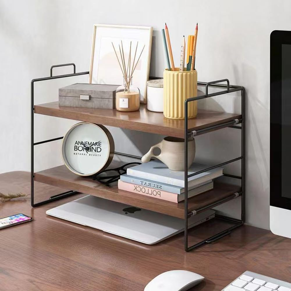 Hbluefat Desktop Shelf Organizer, 2-Tier Adjustable Wood Bookshelf Storage Rack, Small Multi-Functional Stackable Countertop Display Shelf for Home Office School (Walnut+Black) - Walnut+Black image number 5