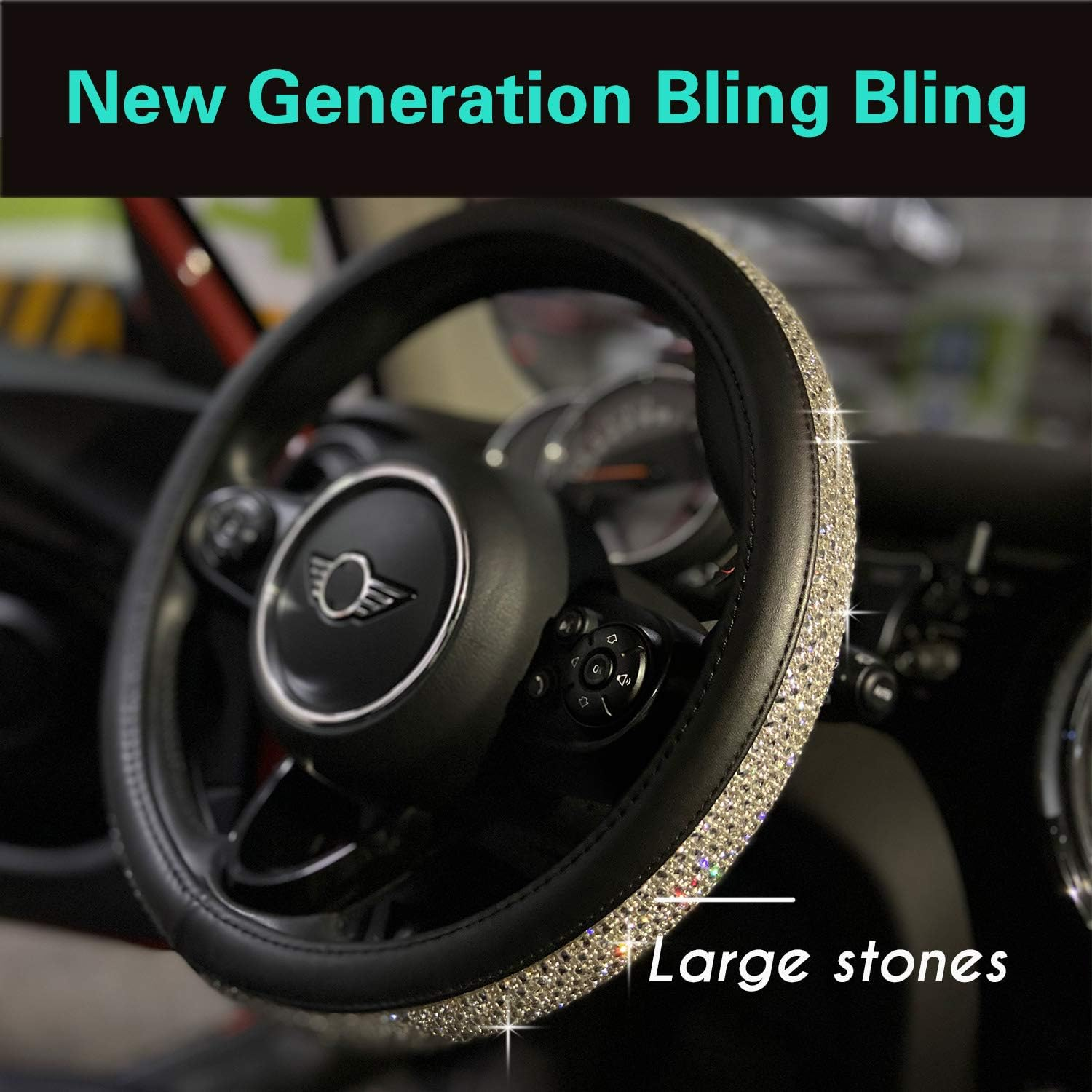 PINCTROT Bling Bling Comfy Steering Wheel Cover with Jumbo Crystal Rhinestones, Anti-Slip Diamond Leather, Universal 15 Inch (Silver) image number 5