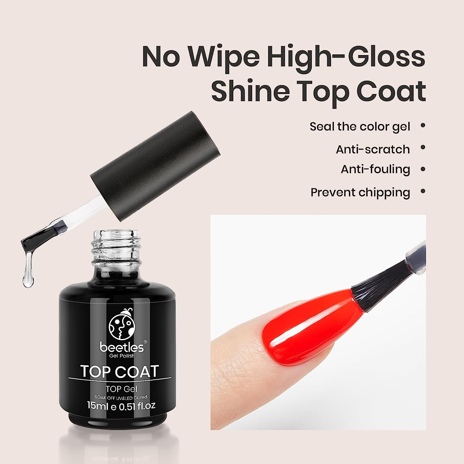 Beetles 2 Pcs 15Ml No Wipe Gel Top Coat and Base Coat Set - Shine Finish and Long Lasting, Soak off LED Gel Base Top Coat Glossy Shine Finish