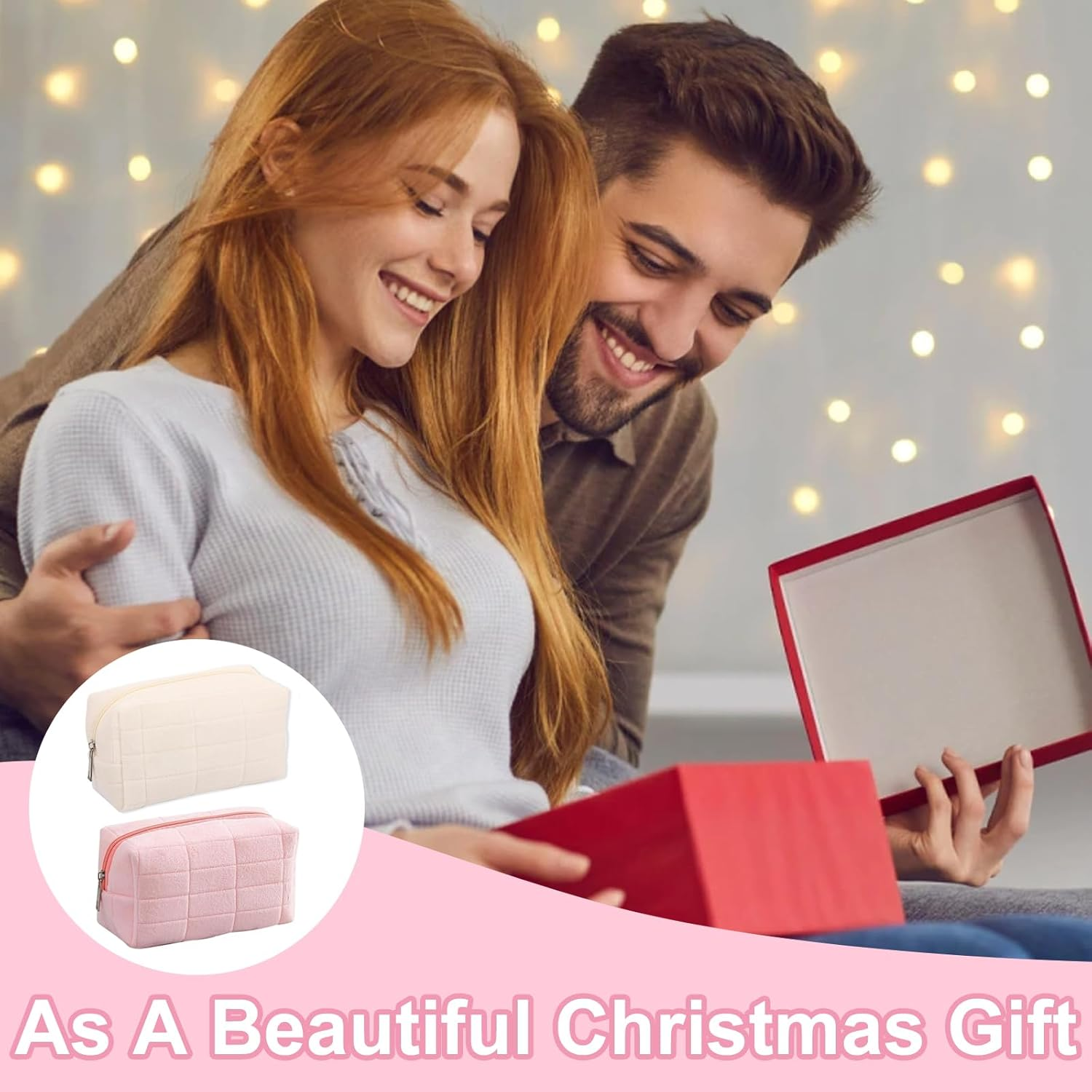 2 Pack Mini Makeup Bag for Travel - Soft Plush Cosmetic Pouch, Cute Toiletry Organizer for Women & Girls, Portable Makeup Storage（Pink+White） image number 2