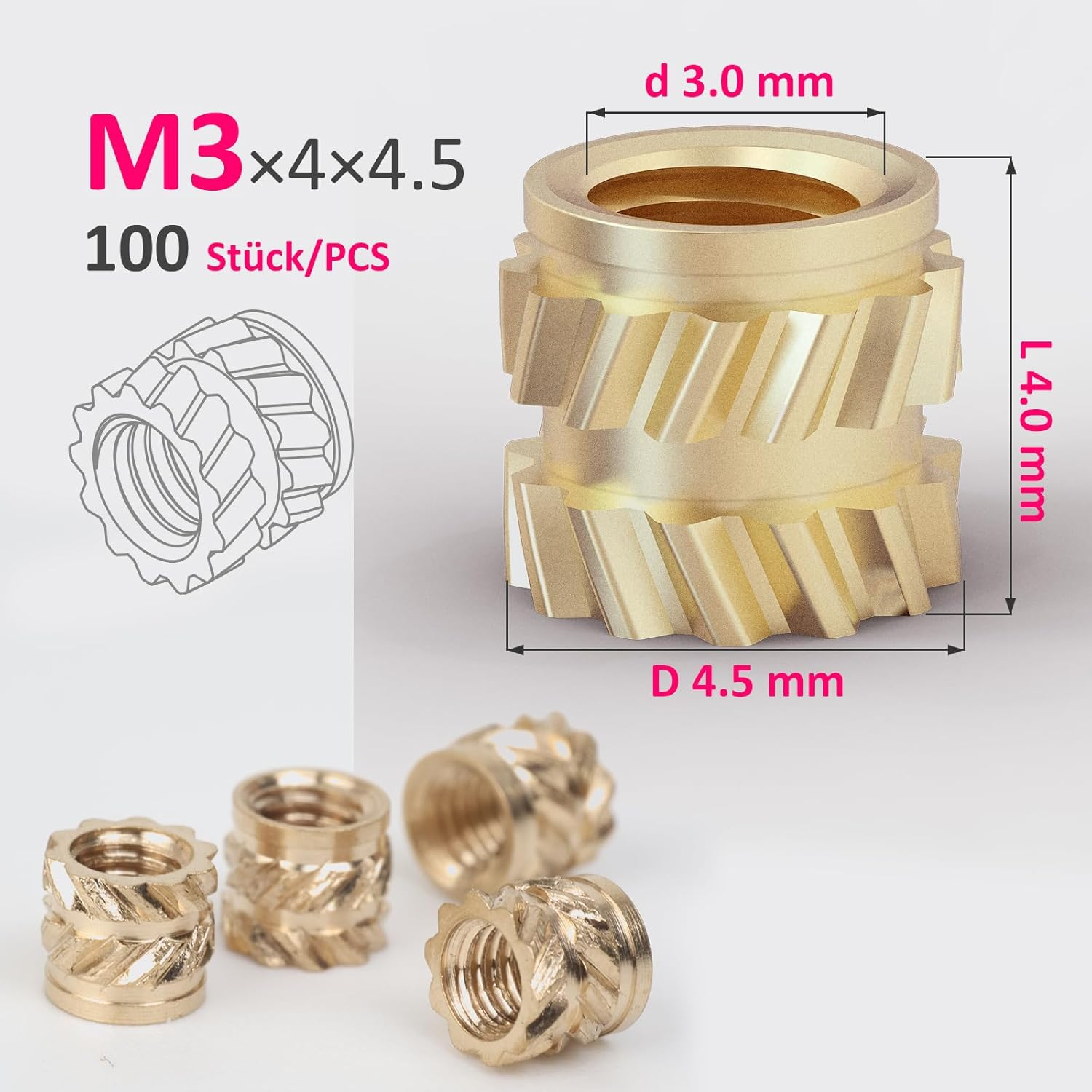 M3 Heat Set Threaded Inserts, M3X4X4.5Mm, 100 Pieces, Brass Knurled Nuts for 3D Printing & Plastic Parts image number 3