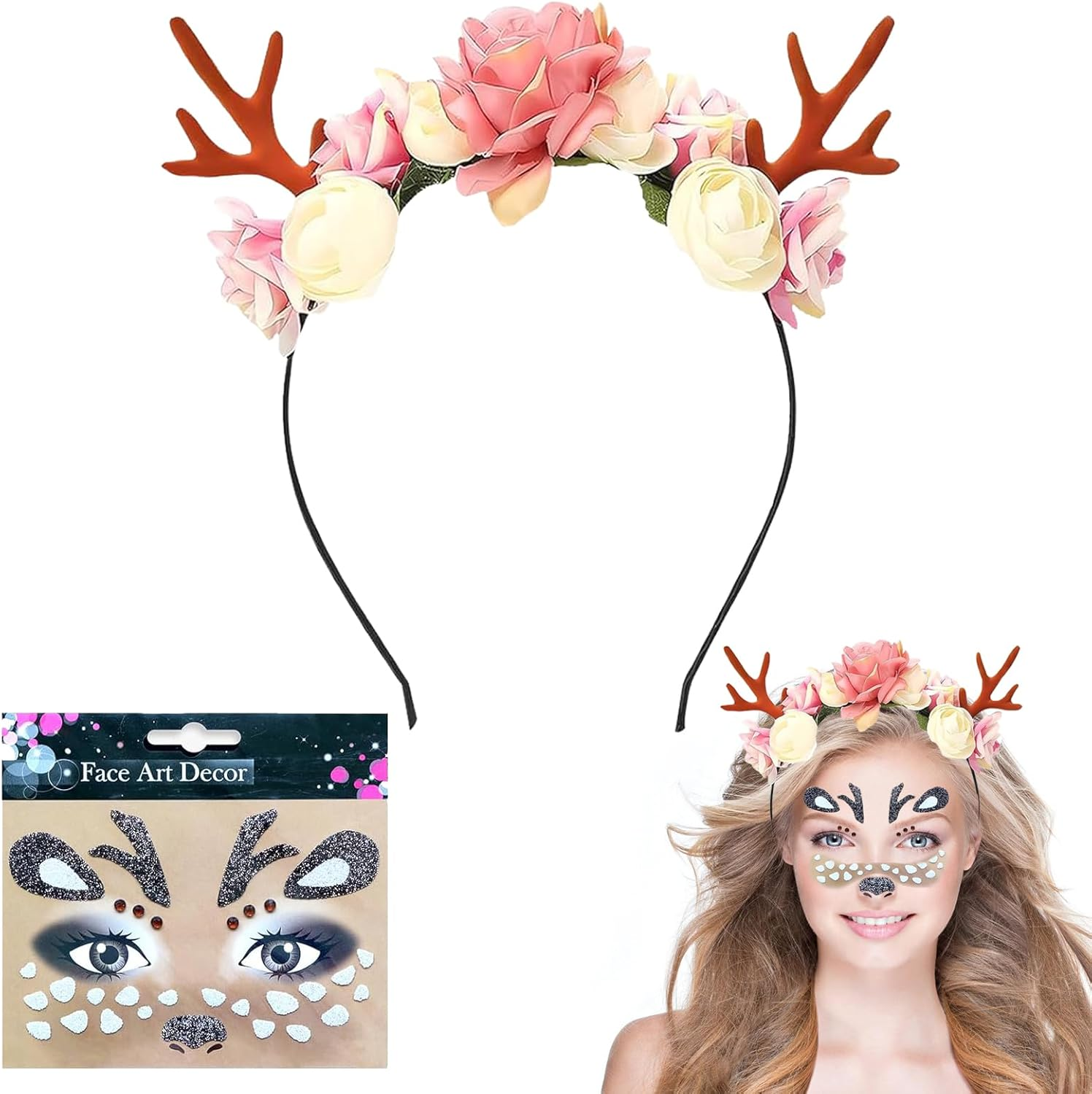 YUNHENTONG Deer Antler Headband + Deer Face Tattoo, Headband with Reindeer Antlers Headband for Carnival Halloween image number 3