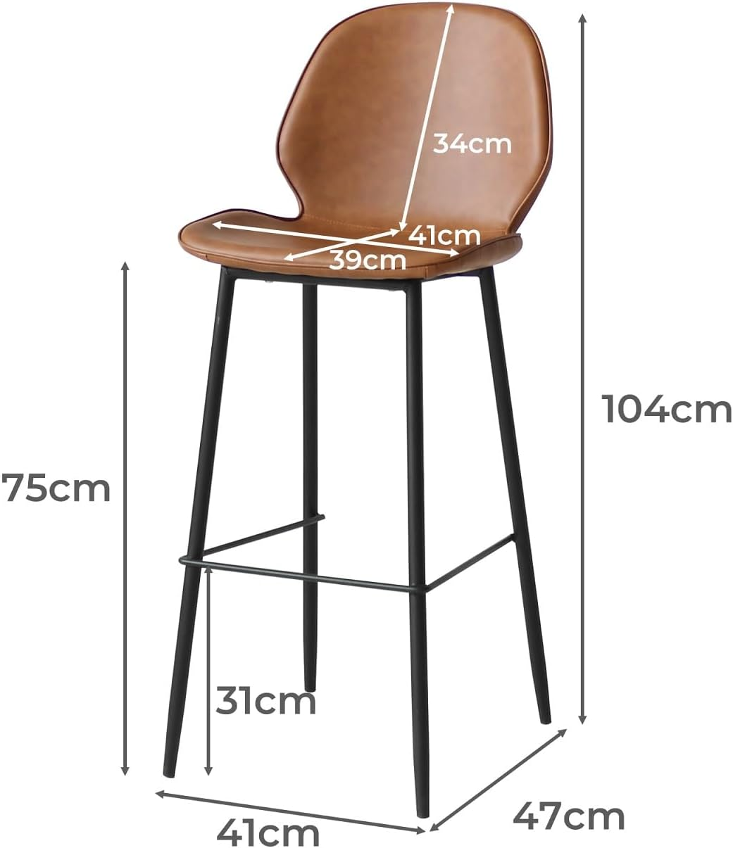 LEVEDE Bar Stools Set of 2, Bar Chairs with Backrest and Footrest, PU Leather Dining Chairs Indoor Outdoor, Kitchen Counter Stools for Home Bar, Dining Room, Living Room, Cafe (Brown) - Grey image number 7