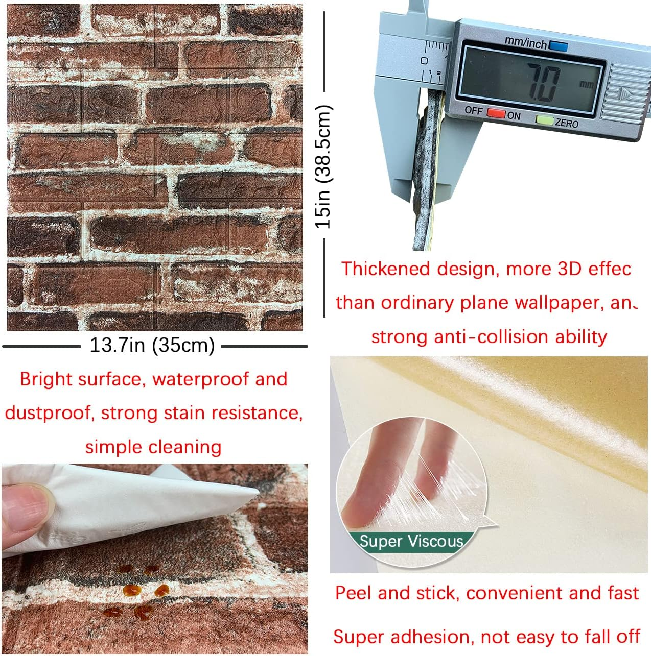 10PCS 3D Wall Panels Peel and Stick Foam 3D Brick Wallpaper Peel and Stick Red Faux Stone Wall Panel Self-Adhesive Wallpaper (10PCS, Red) image number 2