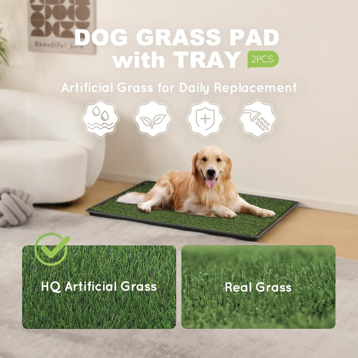 Dog Grass Pad with Tray - Dog Litter Box with 2 Artificial Grass Pads +​Highly Absorbent Puppy Pad- Potty Tray for Balcony Apartment Indoor Outdoor Use - 50.8 X 76.2 Cm image number 1