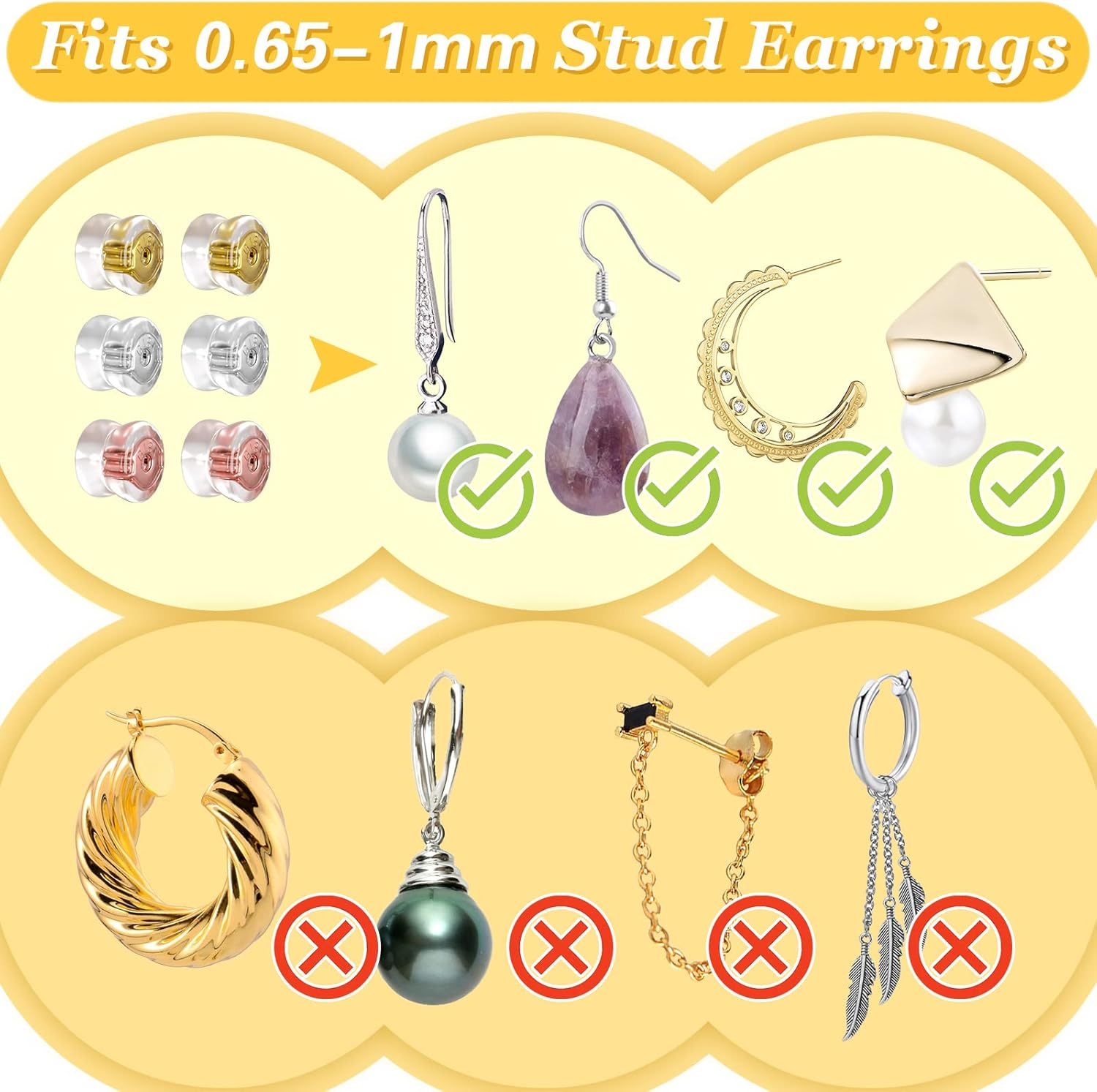 24 Pcs Silicone Earring Backs, 18K Gold Locking Secure Earring Backs for Studs Droopy Fish Hook Heavy, 12 Pairs Hypoallergenic Comfy Soft Earring Stoppers Replacement Clear for Adults Teens