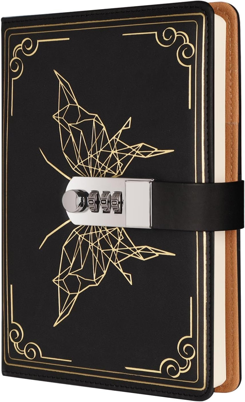 Literary Vintage Locking Leather Notebook,Beautiful Butterfly Pattern Compass, A5 Notebook for Women and Men