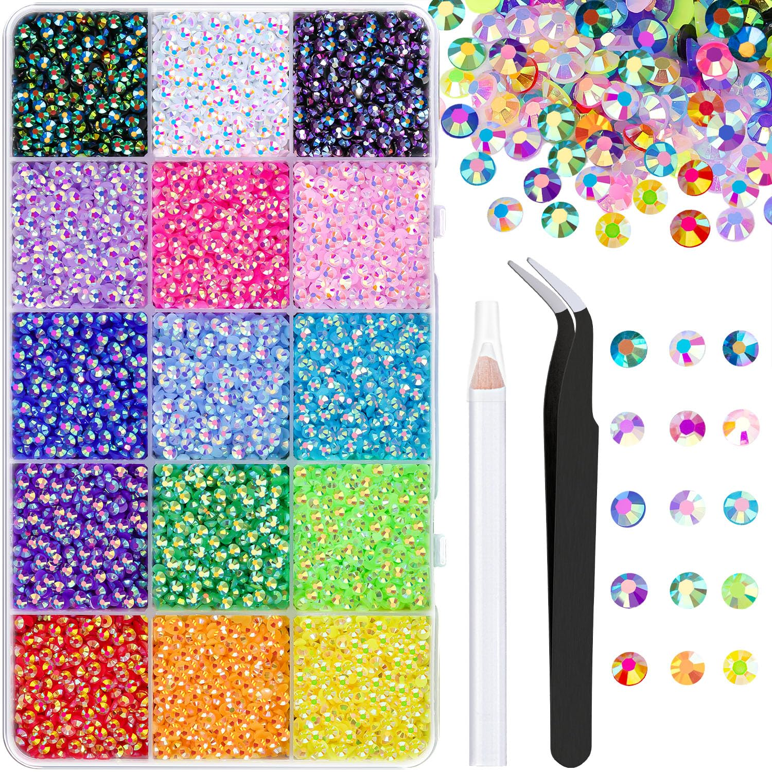 16000Pcs Resin Jelly Rhinestones with Tweezers for Crafting, Hot Pink AB 2-6Mm Mixed Sizes Flatback Gems, Bedazzling Crystal for DIY Crafts Clothing Tumblers Mugs Shoes Fabric Nail Art