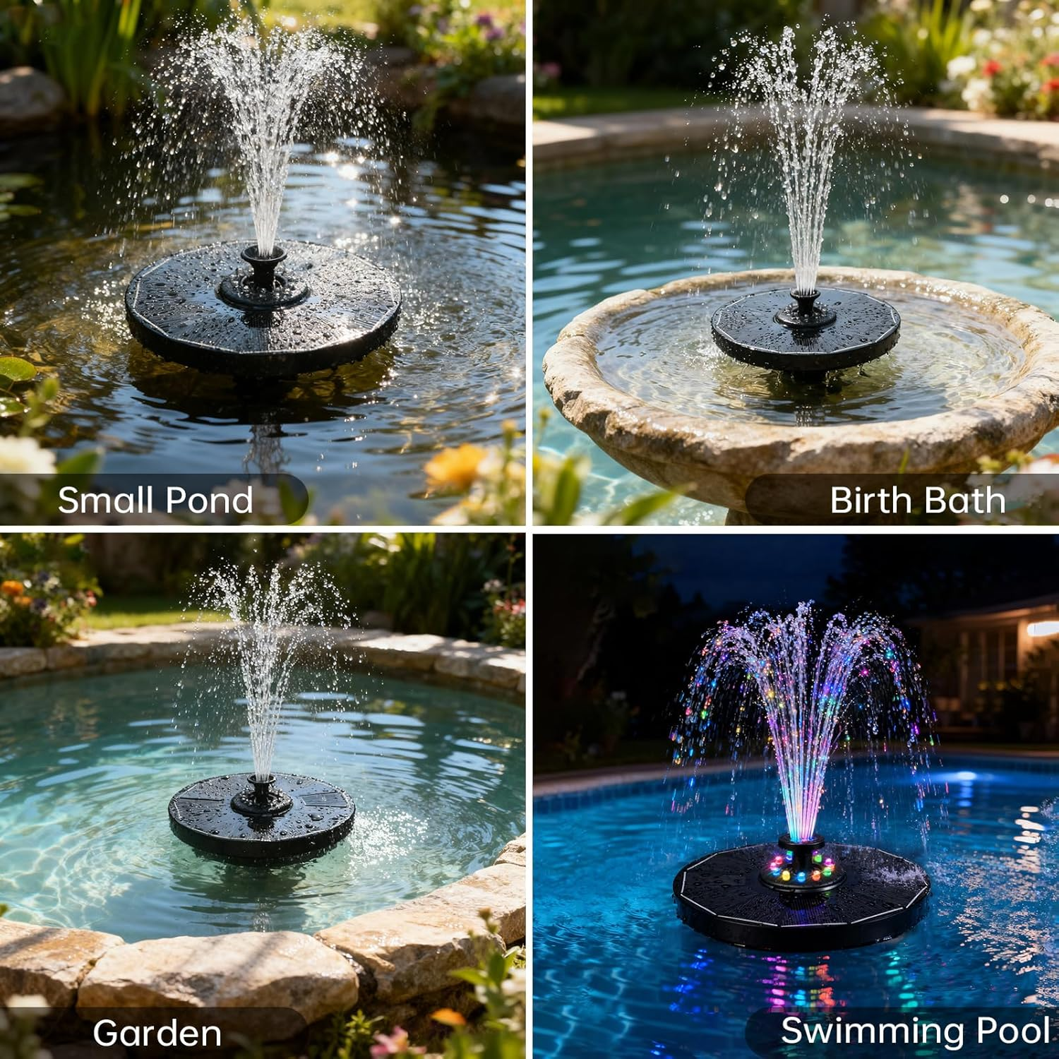 16CM Solar Powered Water Fountain with LED Lights, Outdoor Garden Decor Floating Pool Fountain for Bird Baths, Ponds, Patios, and Pools image number 2