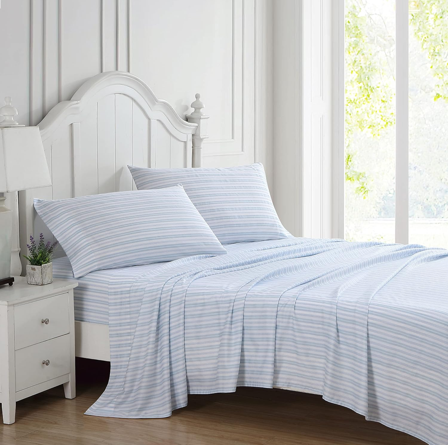 Laura Ashley Home - Queen Sheets, Soft Sateen Cotton Bedding Set - Sleek, Smooth, & Breathable Home Decor (Fern Blue, Queen) image number 6